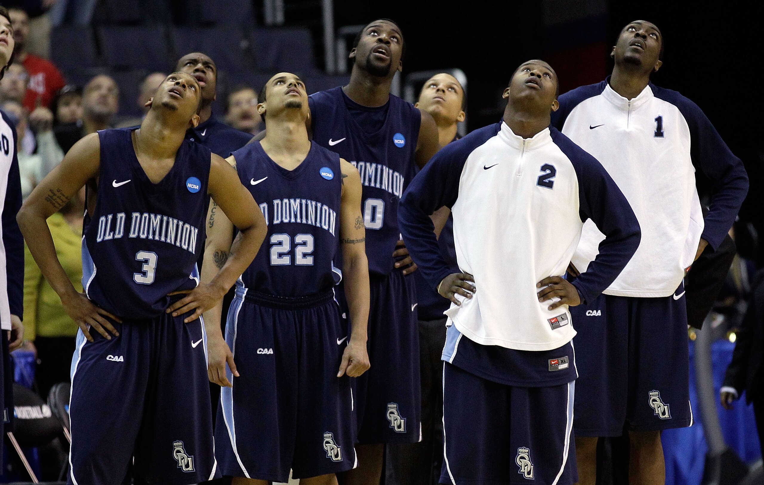WASHINGTON - MARCH 17:  The Old Dominion Monarchs watch the final shot of the game reviewed on the video board as they lose to the Butler Bulldogs  60-58 during the second round of the 2011 NCAA men's basketball tournament at the Verizon Center on March 1