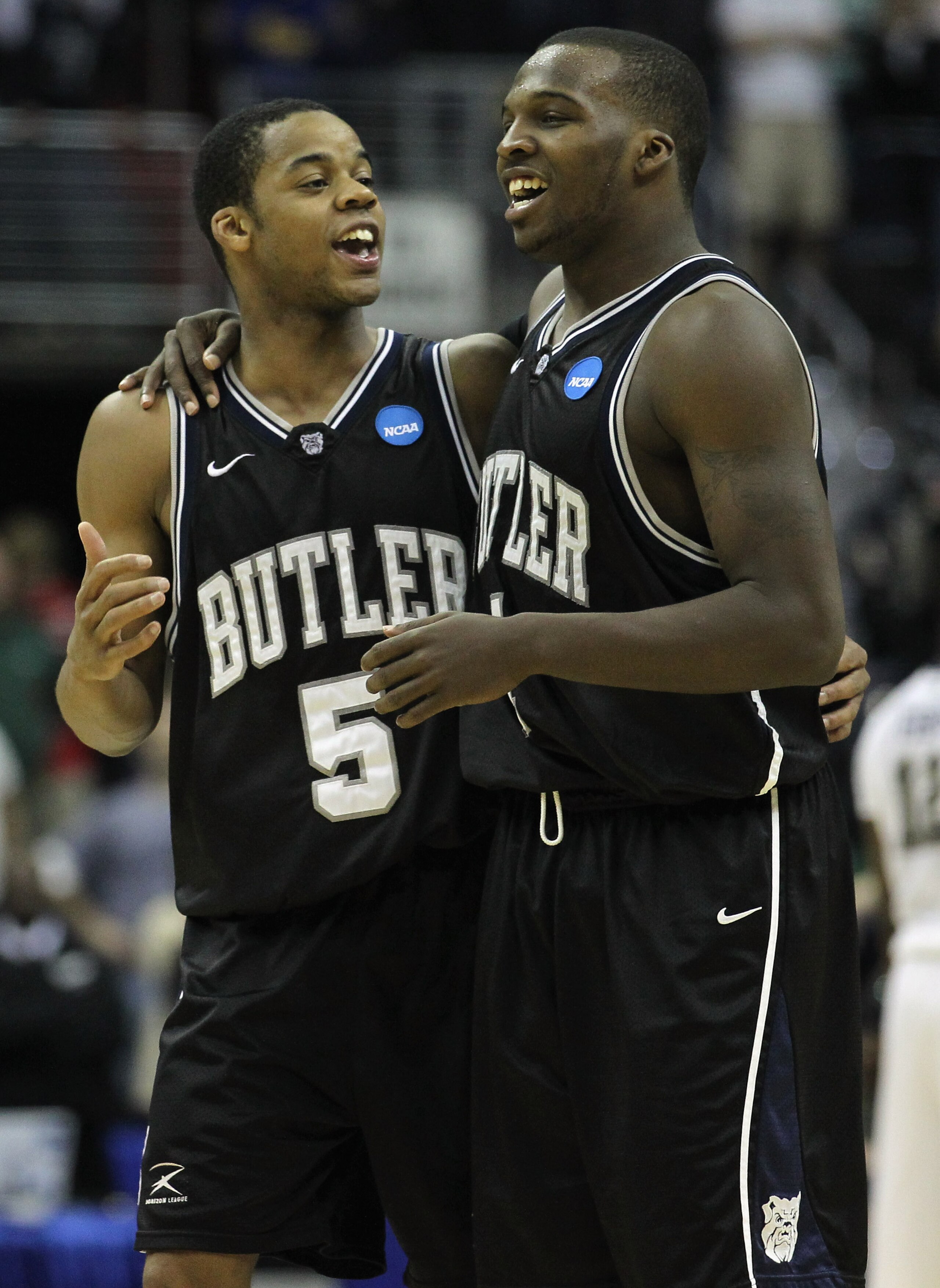 WASHINGTON - MARCH 19:  Ronald Nored #5 of Butler University celebrates with teammate Shelvin Mack #1 following their game against Pittsburgh in the third round of the 2011 NCAA men's basketball tournament at Verizon Center on March 19, 2011 in Washington