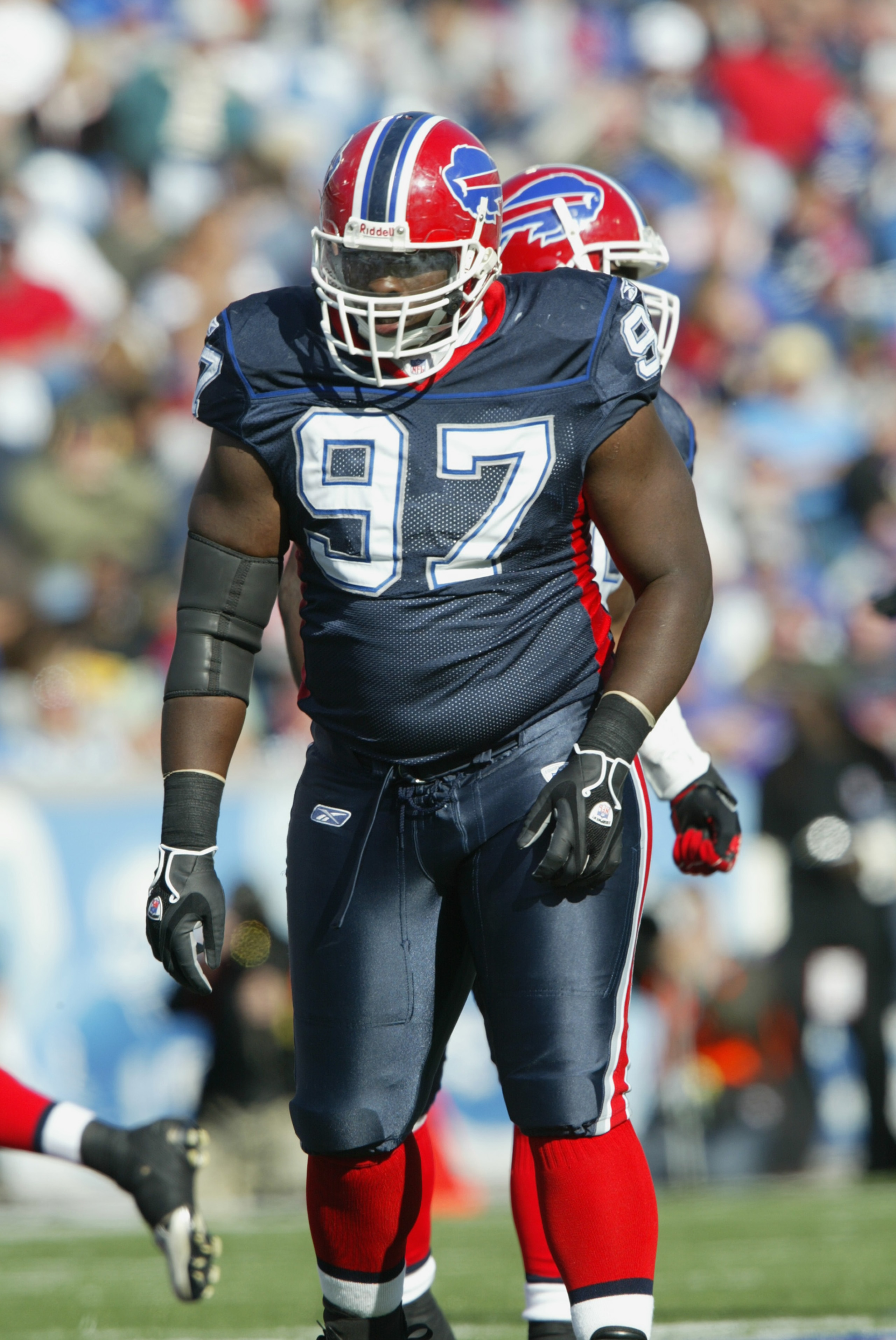 ORCHARD PARK, NY - OCTOBER 1:  Defensive tackle John McCargo #97 of the Buffalo Bills looks on against the Minnesota Vikings at Ralph Wilson Stadium on October 1, 2006 in Orchard Park, New York. The Bills defeated the Vikings 17-12.  (Photo by Rick Stewar