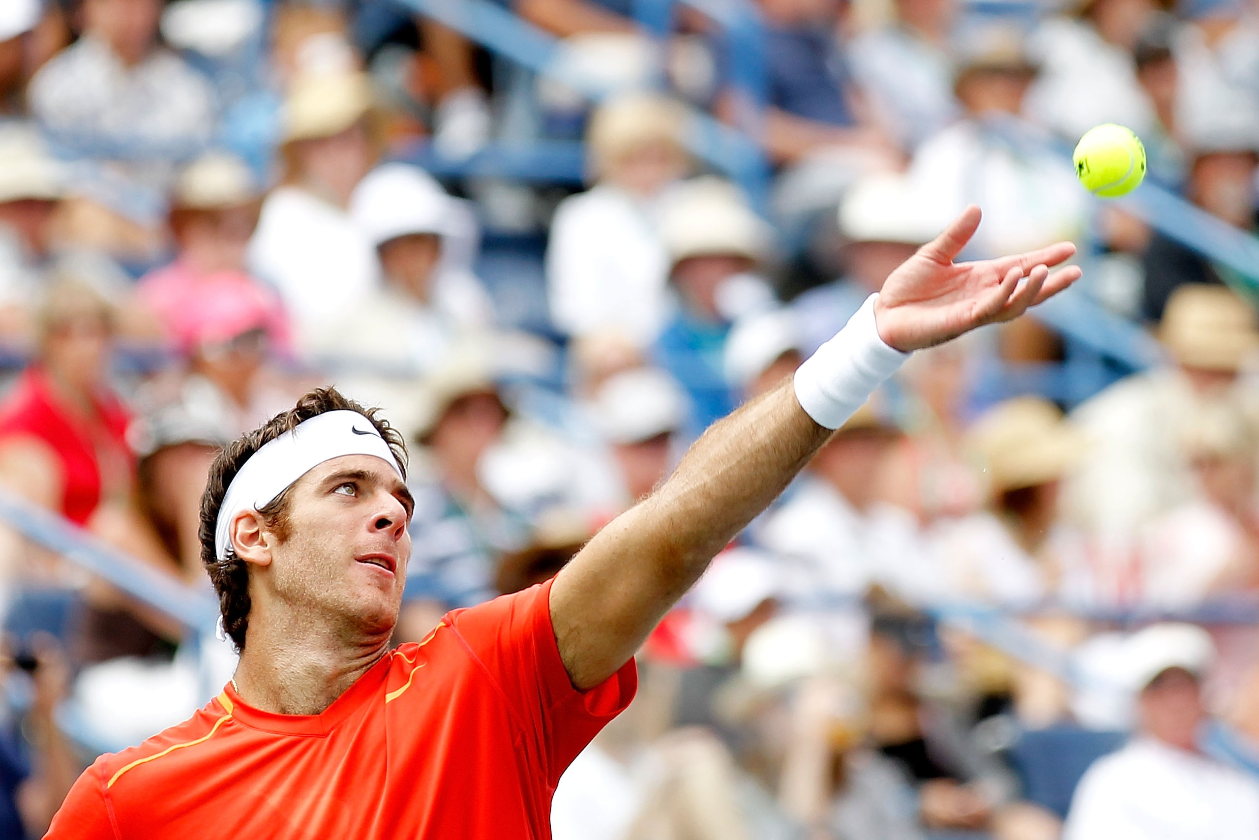 INDIAN WELLS, CA - MARCH 19:  Juan Martin Del Potro of Argentina serves to Rafael Nadal of Spain during the semifinals of the BNP Paribas Open at the Indian Wells Tennis Garden on March 19, 2011 in Indian Wells, California.  (Photo by Matthew Stockman/Get