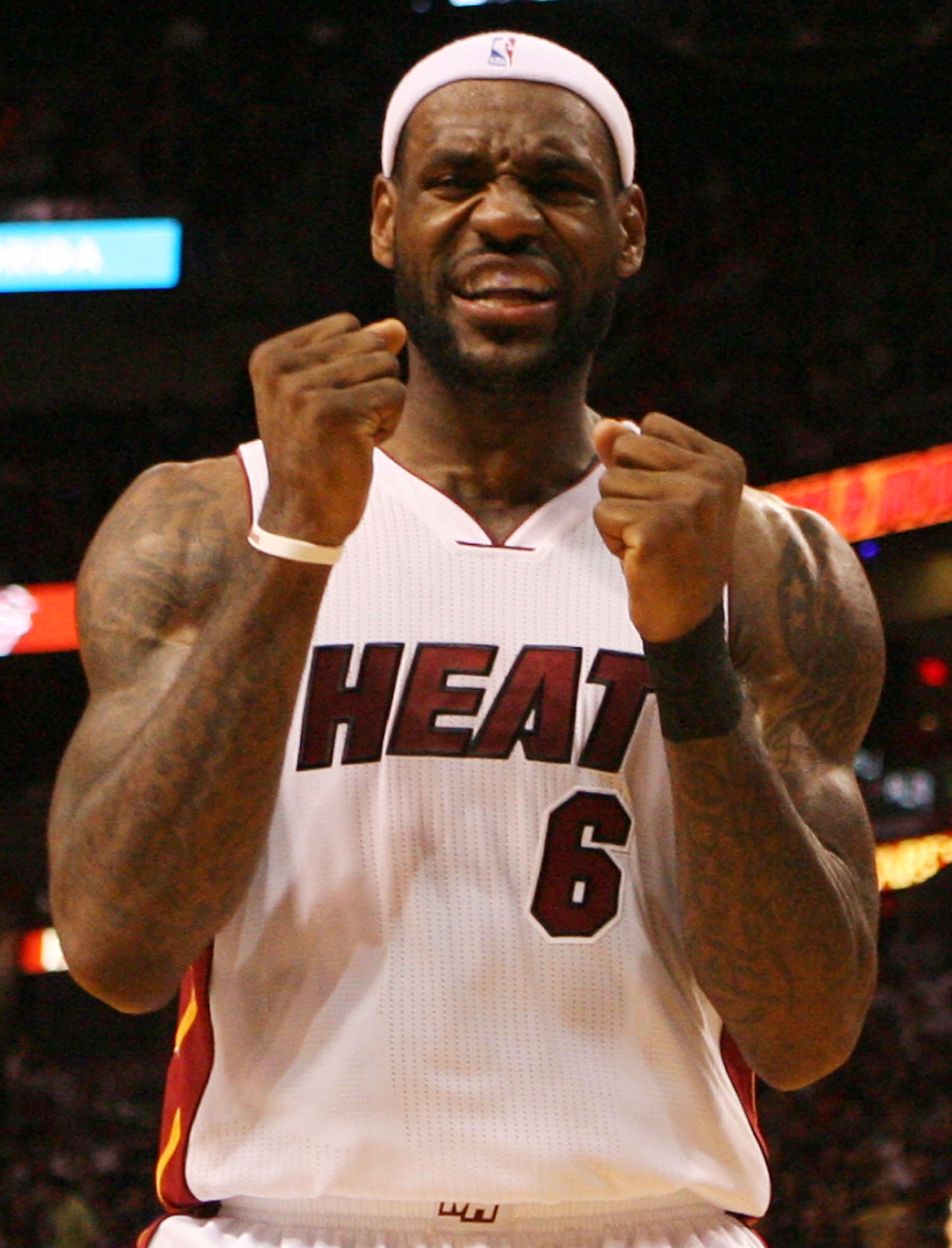 MIAMI, FL - MARCH 19:  Forward LeBron James #6 of the Miami Heat reacts against the Denver Nuggets at American Airlines Arena on March 19, 2011 in Miami, Florida.  The Heat defeated the Nuggets 103-98. NOTE TO USER: User expressly acknowledges and agrees