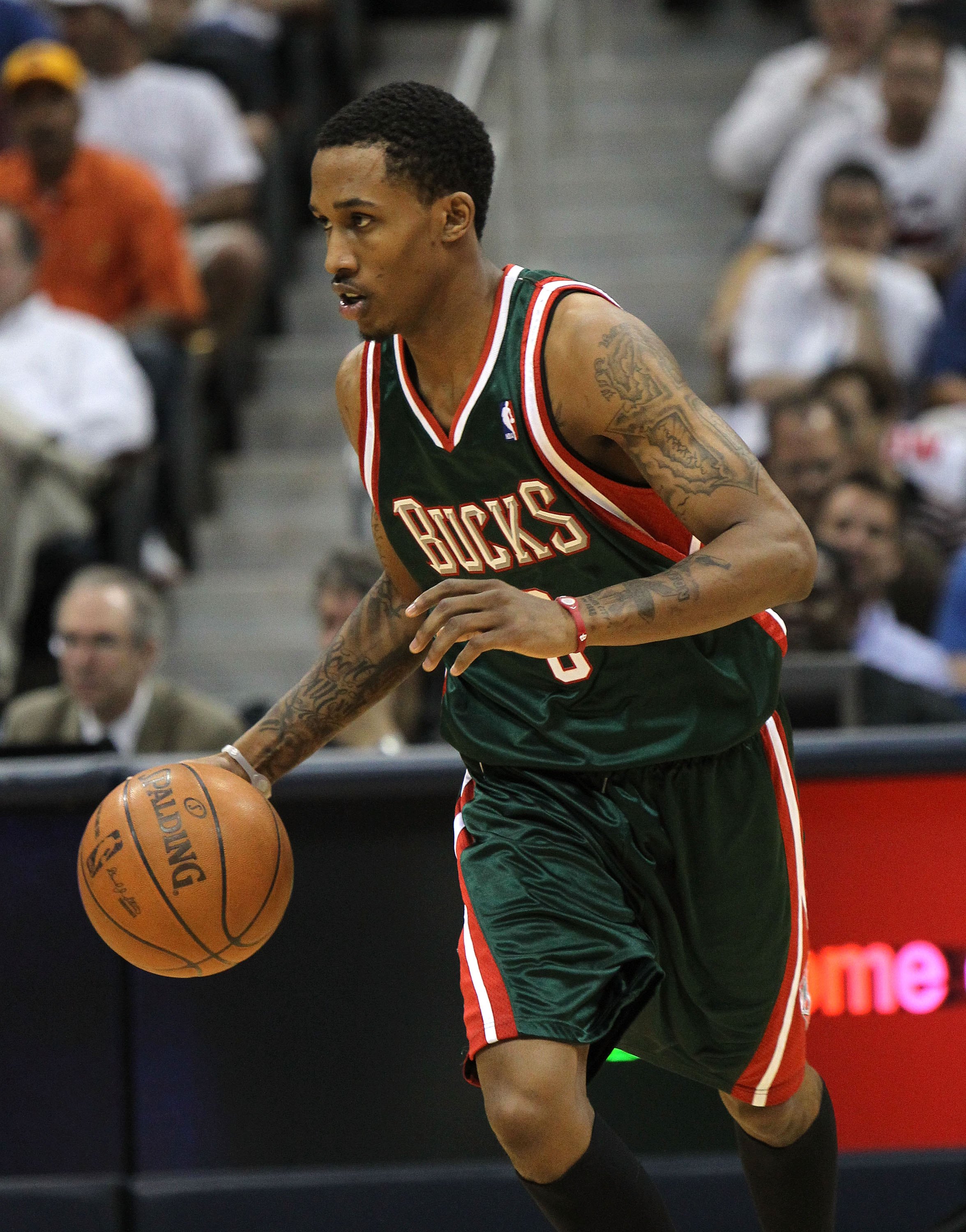 ATLANTA - MAY 2:  Guard Brandon Jennings #3 of the Milwaukee Bucks dribbles with the ball during Game Seven of the Eastern Conference Quarterfinals between the Milwaukee Bucks and the Atlanta Hawks during the 2010 NBA Playoffs at Philips Arena on May 2, 2