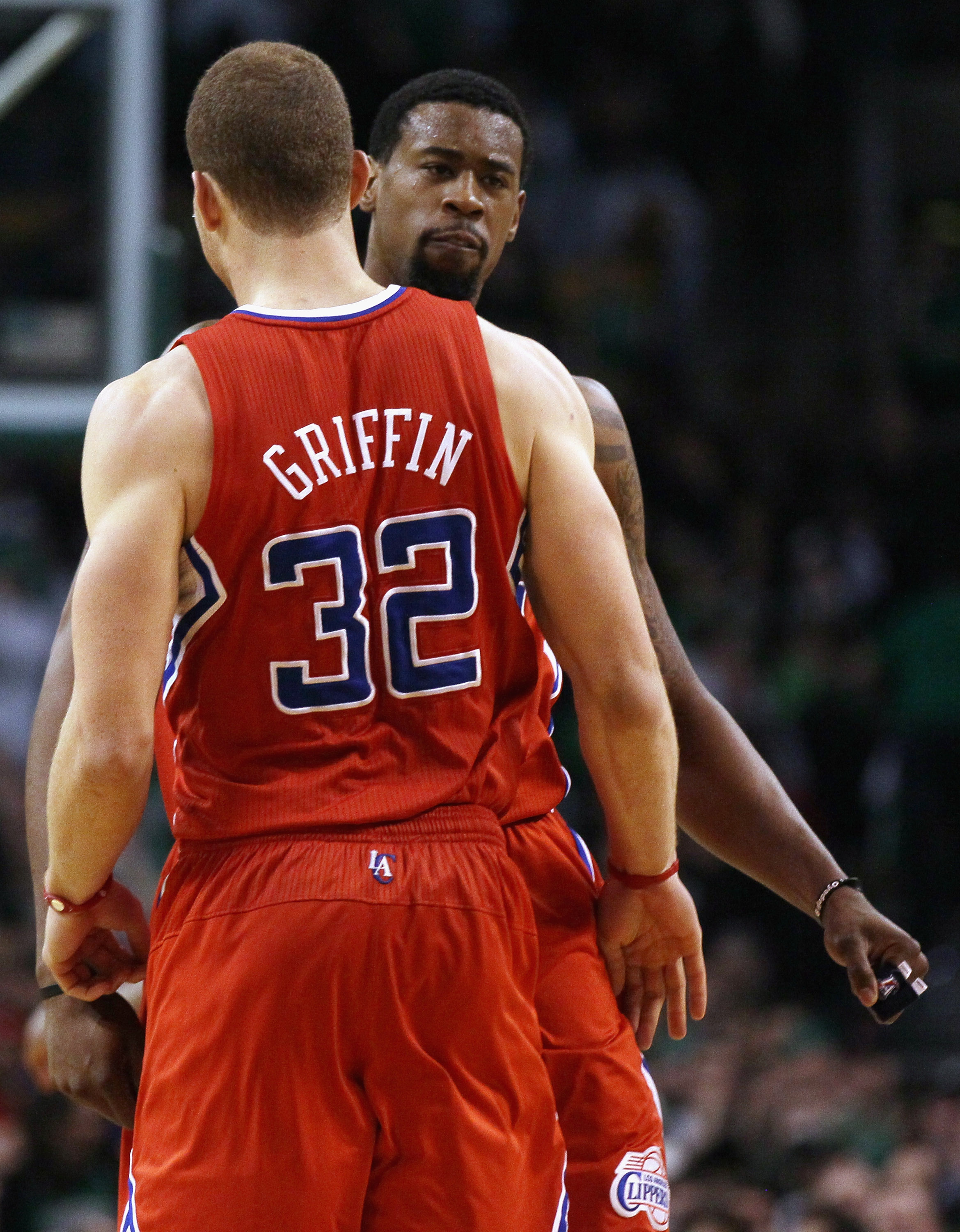 BOSTON, MA - MARCH 09:  DeAndre Jordan #9 and Blake Griffin #32 of the Los Angeles Clippers celebrate in the fourth quarter against the Boston Celtics on March 9, 2011 at the TD Garden in Boston, Massachusetts. The Los Angeles Clippers defeated the Boston