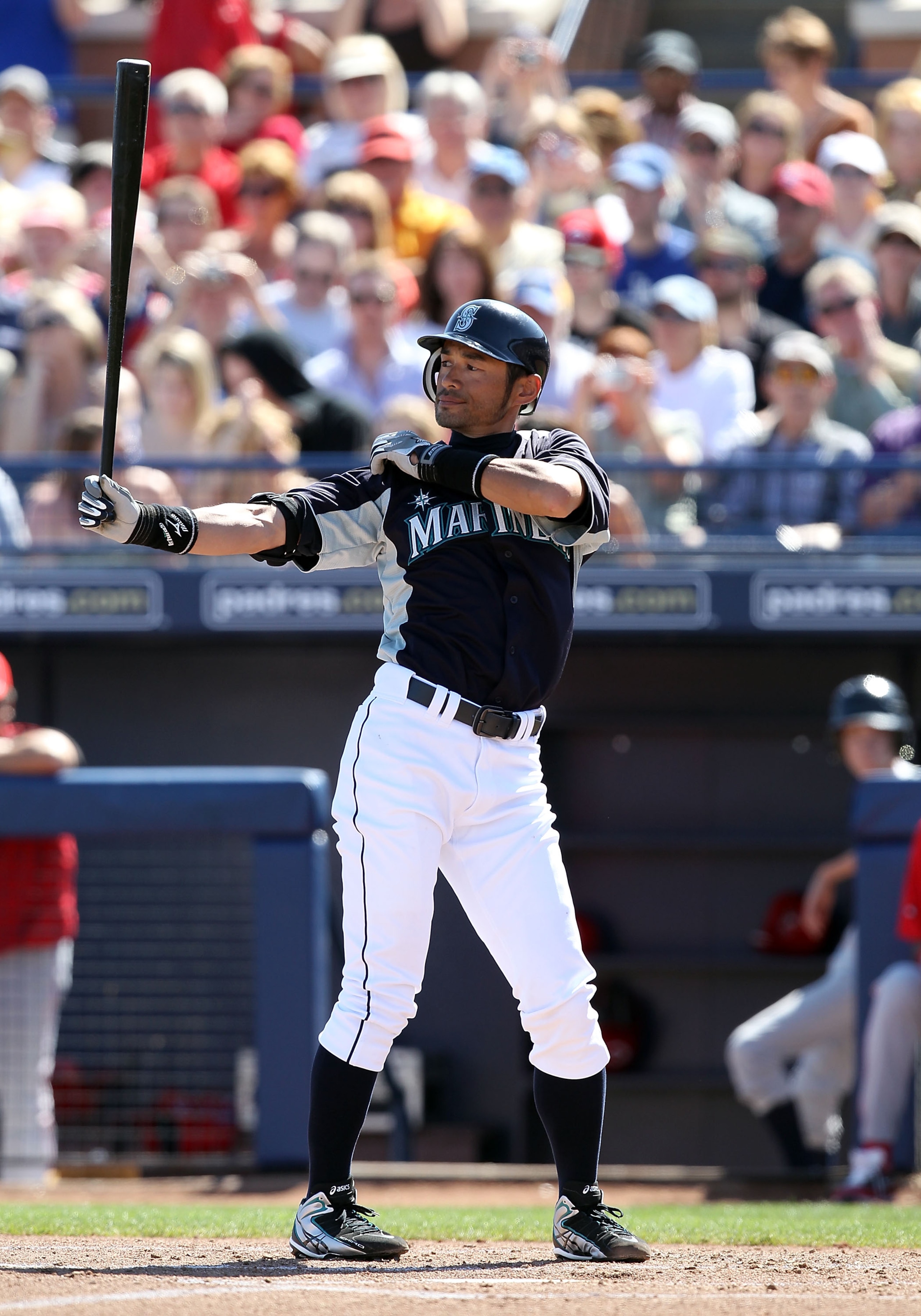 PEORIA, AZ - MARCH 04:  Ichiro Suzuki #51 of the Seattle Mariners bats against the Cincinnati Reds during the spring training game at Peoria Stadium on March 4, 2011 in Peoria, Arizona.  (Photo by Christian Petersen/Getty Images)