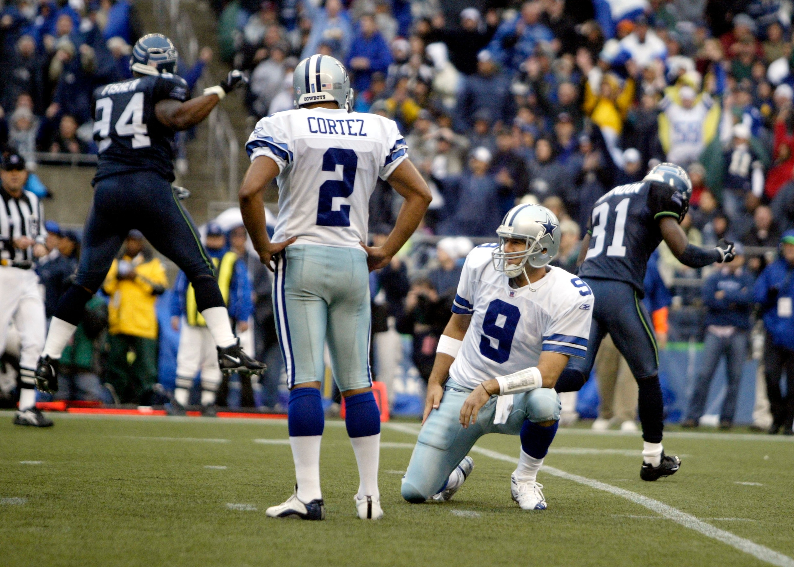 SEATTLE - OCTOBER 23:  Kicker Jose Cortez #2 and holder Tony Romo #9 of the Dallas Cowboys look on as Cortez missed a 29-yard field goal in the fourth quarter of the Cowboys' 13-10 loss to the Seattle Seahawks at Qwest Field on October 23, 2005 in Seattle
