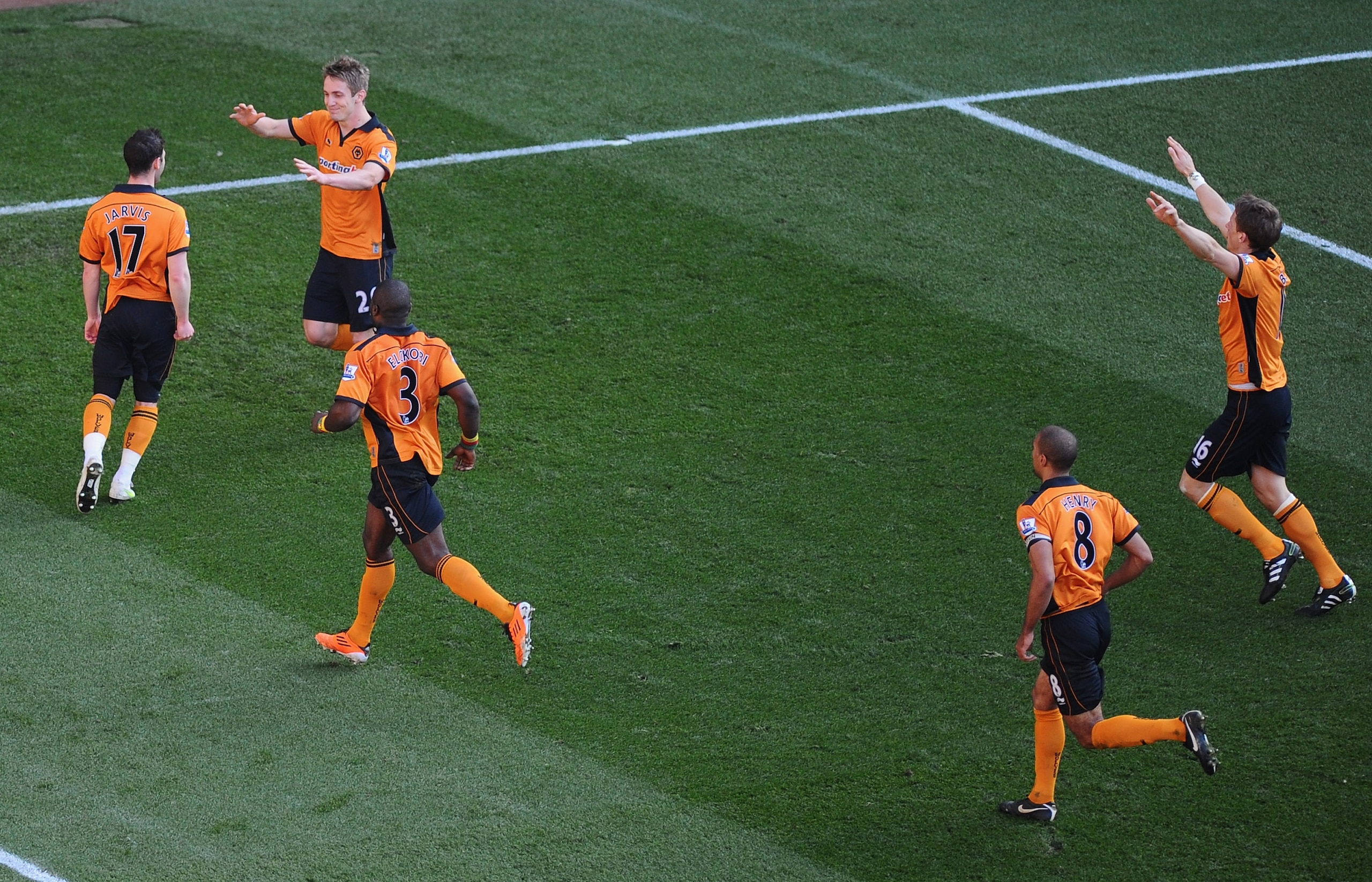 BIRMINGHAM, ENGLAND - MARCH 19:  Matthew Jarvis of Wolves (far left) is congratulated by team mates after scoring the winning goal during the Barclays Premier League match between Aston Villa and Wolverhampton Wanderers at Villa Park on March 19, 2011 in 