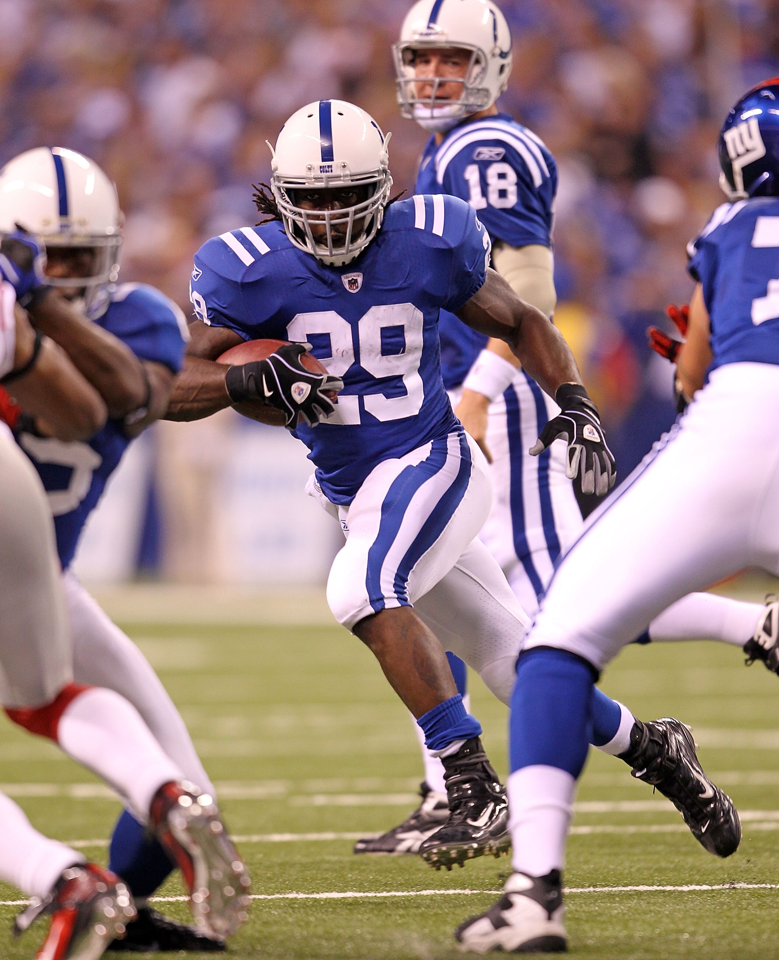 INDIANAPOLIS - SEPTEMBER 19: Joesph Addai #29  of the Indianapolis Colts runs with the ball during  the NFL game against the New York Giants  at Lucas Oil Stadium on September 19, 2010 in Indianapolis, Indiana.  (Photo by Andy Lyons/Getty Images)