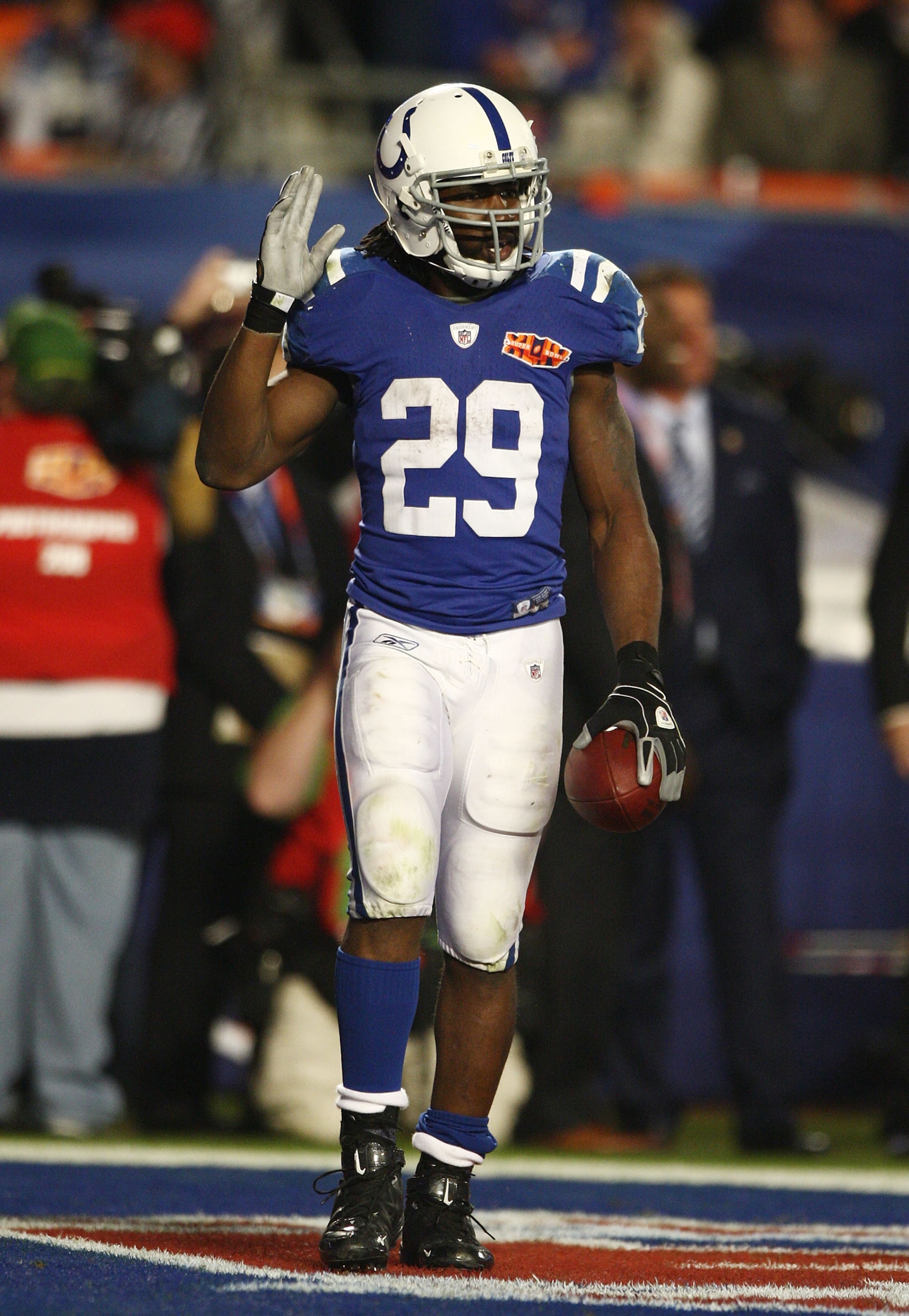 MIAMI GARDENS, FL - FEBRUARY 07:  Joseph Addai #29 of the Indianapolis Colts reacts after scoring a touchdown in the third quarter against the New Orleans Saints during Super Bowl XLIV on February 7, 2010 at Sun Life Stadium in Miami Gardens, Florida.  (P