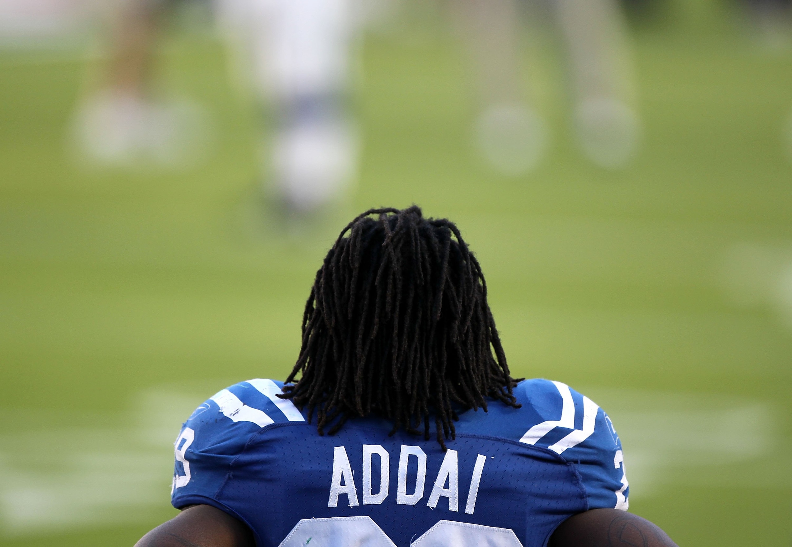 MIAMI GARDENS, FL - FEBRUARY 07: Joseph Addai #29 of the Indianapolis Colts looks on before his game against the New Orleans Saints during Super Bowl XLIV on February 7, 2010 at Sun Life Stadium in Miami Gardens, Florida. (Photo by Jed Jacobsohn/Getty Ima