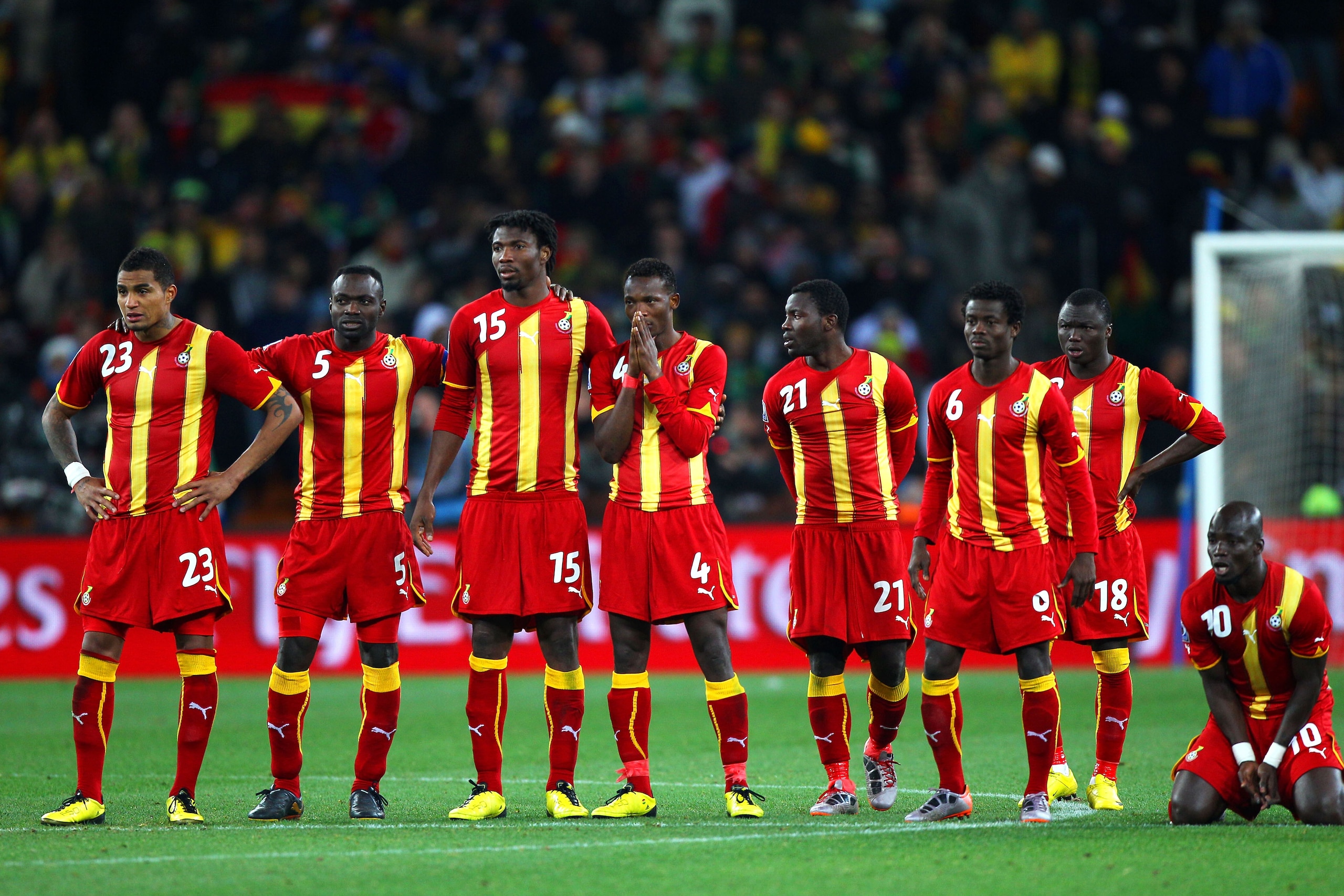 JOHANNESBURG, SOUTH AFRICA - JULY 02:  The Ghana team look on dejected during a penalty shoot out during the 2010 FIFA World Cup South Africa Quarter Final match between Uruguay and Ghana at the Soccer City stadium on July 2, 2010 in Johannesburg, South A