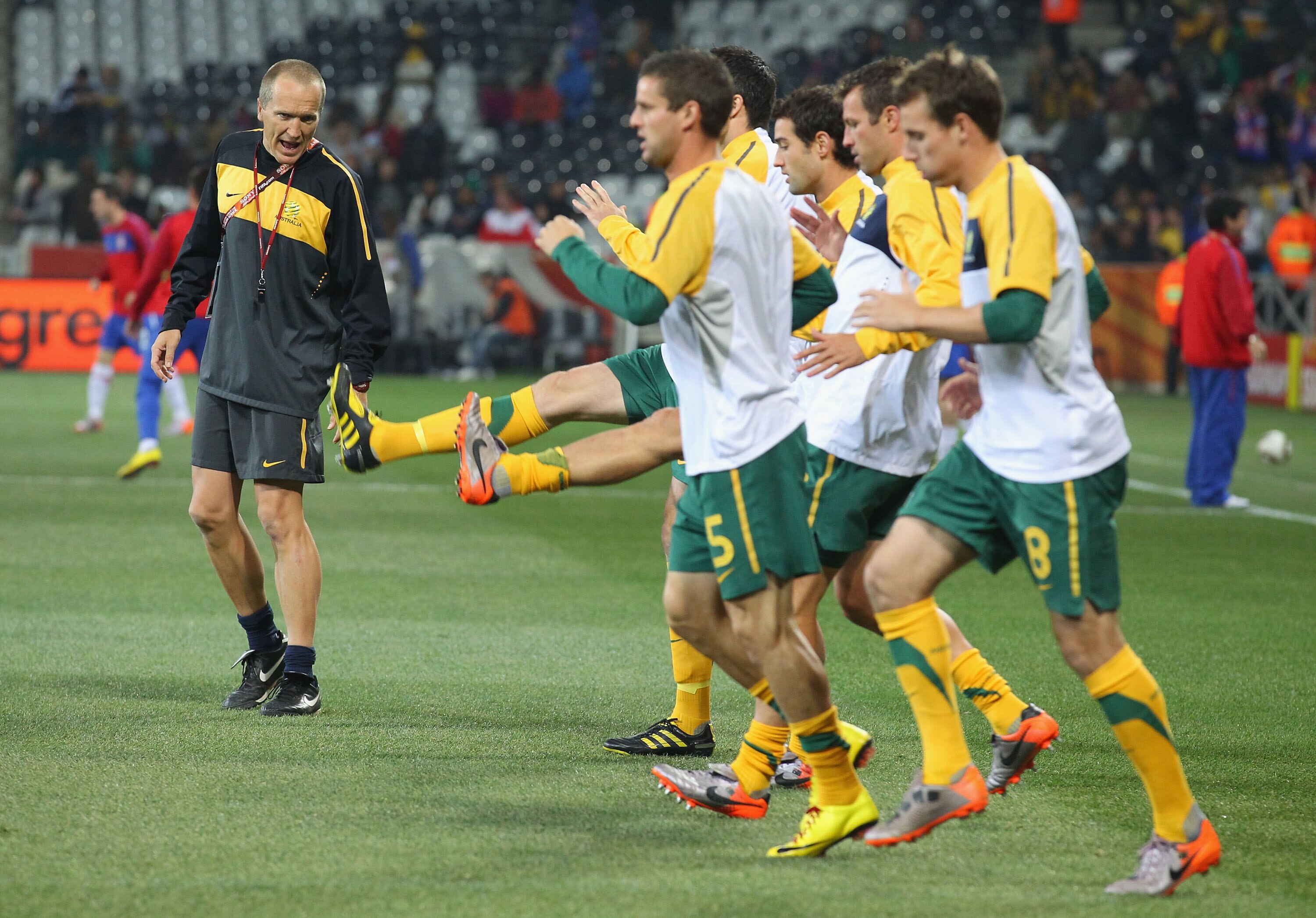 NELSPRUIT, SOUTH AFRICA - JUNE 23:  Conditioning coach Darren Burgess with the Australia team during the warm up ahead of the 2010 FIFA World Cup South Africa Group D match between Australia and Serbia at Mbombela Stadium on June 23, 2010 in Nelspruit, So