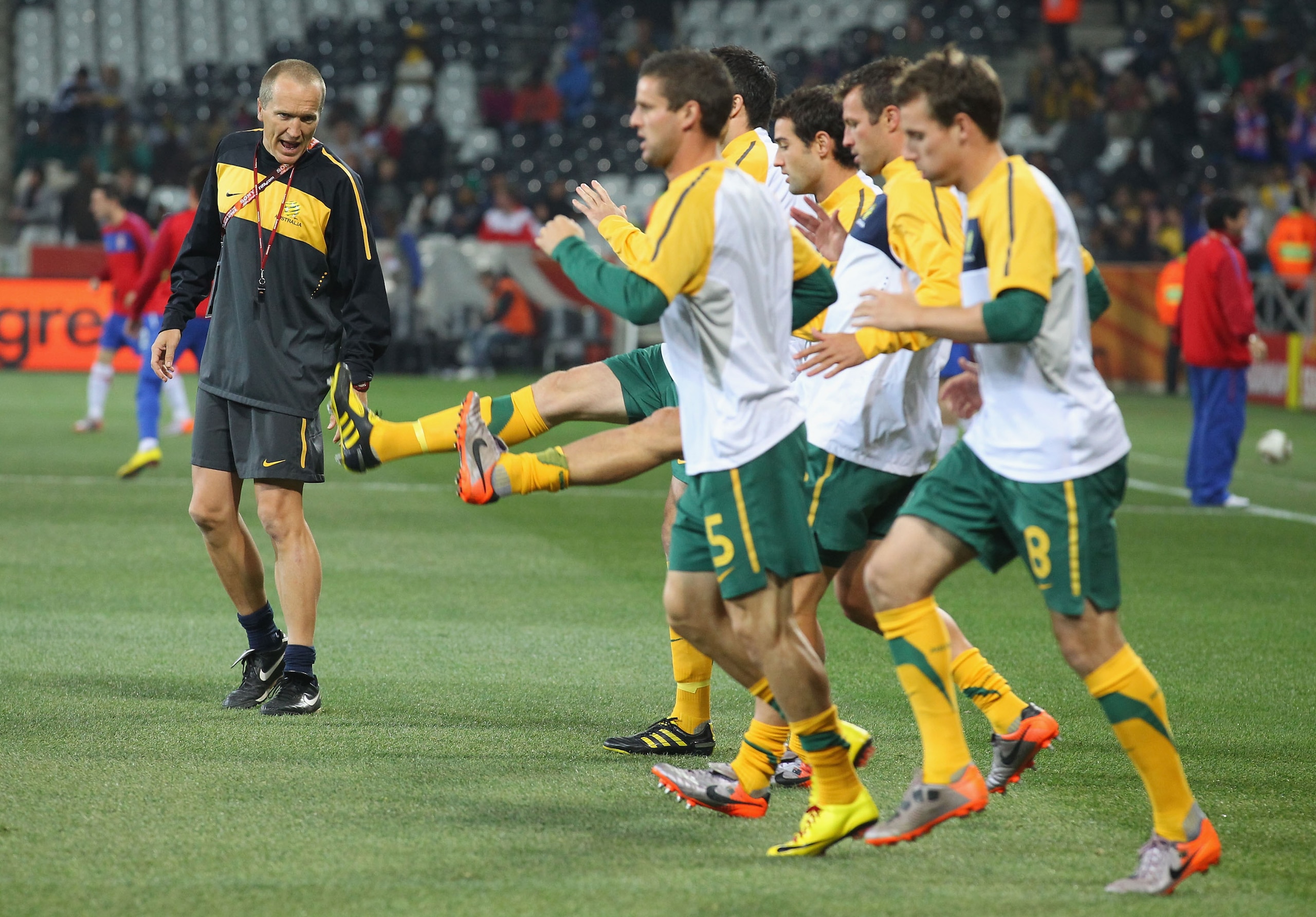 NELSPRUIT, SOUTH AFRICA - JUNE 23:  Conditioning coach Darren Burgess with the Australia team during the warm up ahead of the 2010 FIFA World Cup South Africa Group D match between Australia and Serbia at Mbombela Stadium on June 23, 2010 in Nelspruit, So