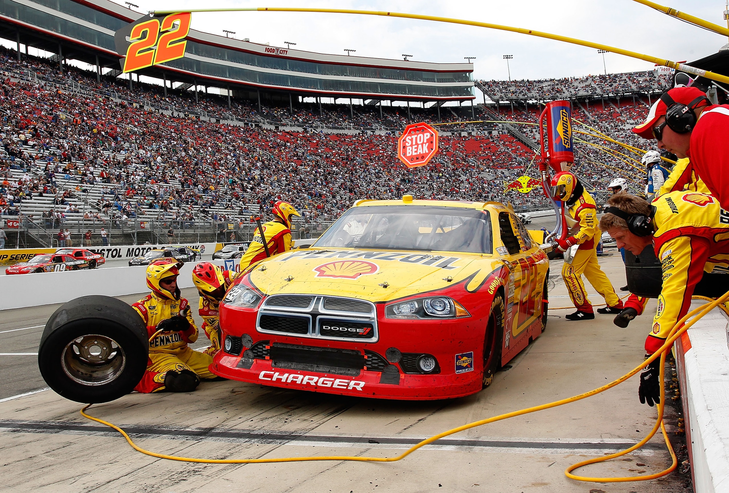BRISTOL, TN - MARCH 20: Kurt Busch, driver of the #22 Shell/Pennzoil Dodge, pits during the NASCAR Sprint Cup Series Jeff Byrd 500 Presented By Food City at Bristol Motor Speedway on March 20, 2011 in Bristol, Tennessee.  (Photo by Geoff Burke/Getty Image