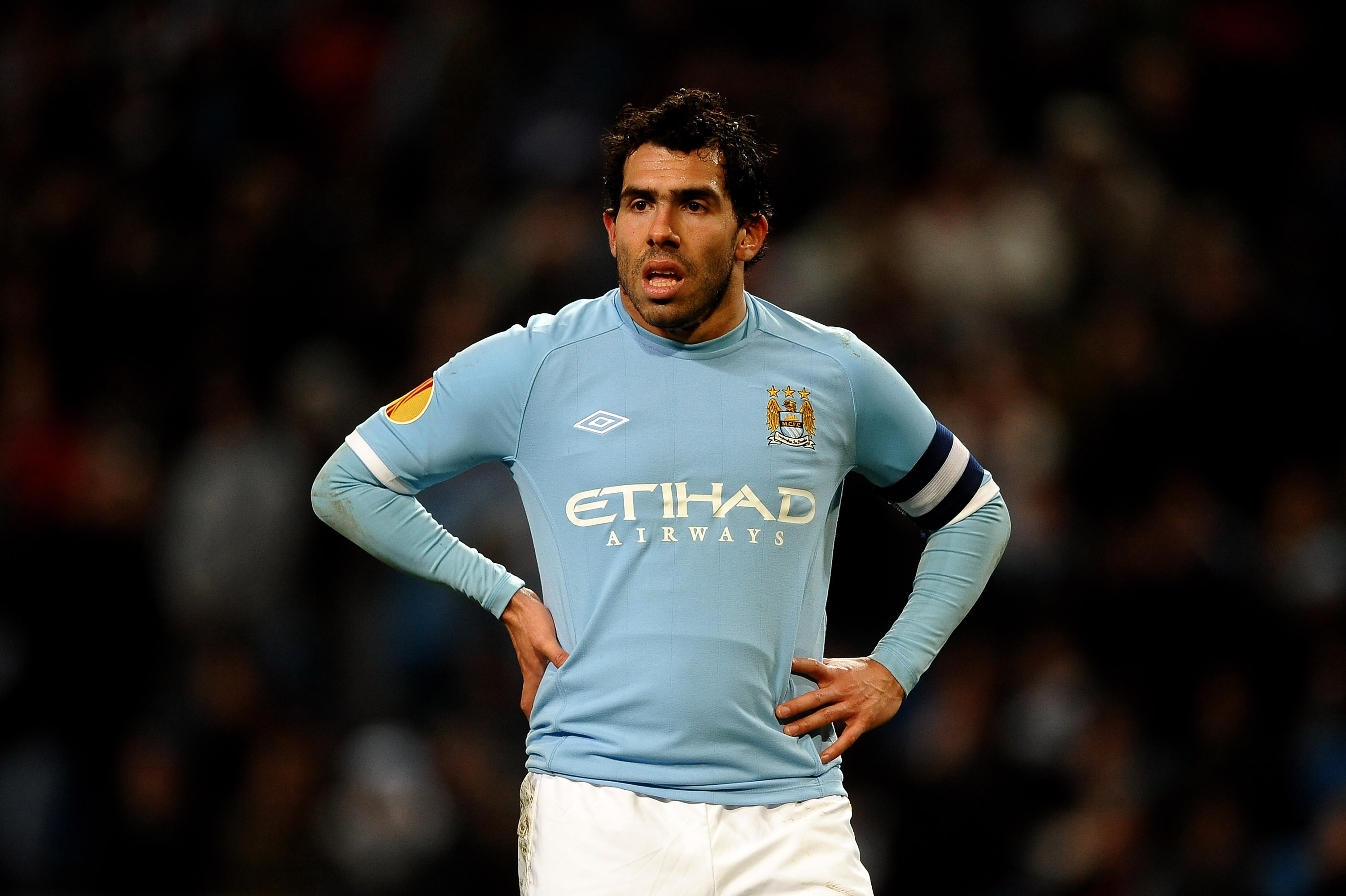 MANCHESTER, ENGLAND - MARCH 17:  Carlos Tevez of Manchester City looks on during the UEFA Europa League round of 16 second leg match between Manchester City and Dynamo Kiev at City of Manchester Stadium on March 17, 2011 in Manchester, England.  (Photo by