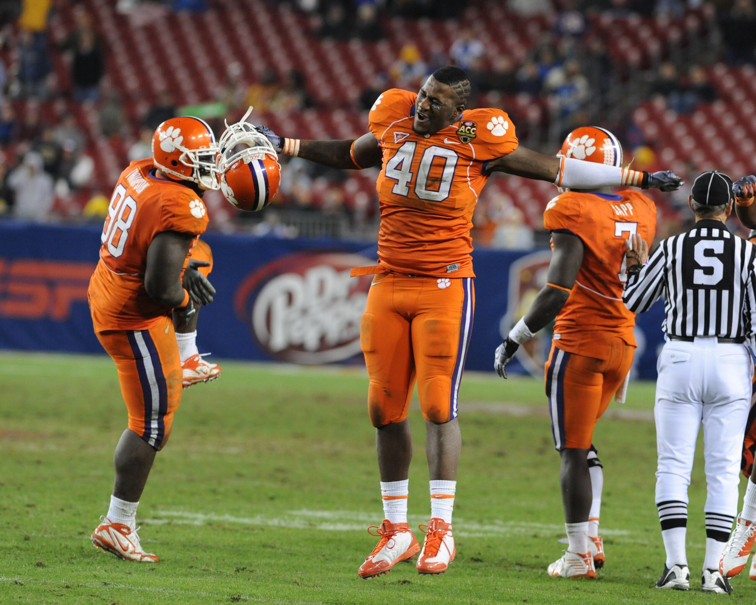 TAMPA, FL - NOVEMBER 28: Defensive end Andre Branch #40 of the Clemson Tigers celebrates a sack against the Georgia Tech Yellow Jackets  in the 2009 ACC Football Championship Game December 5, 2009 at Raymond James Stadium in Tampa, Florida.  (Photo by Al