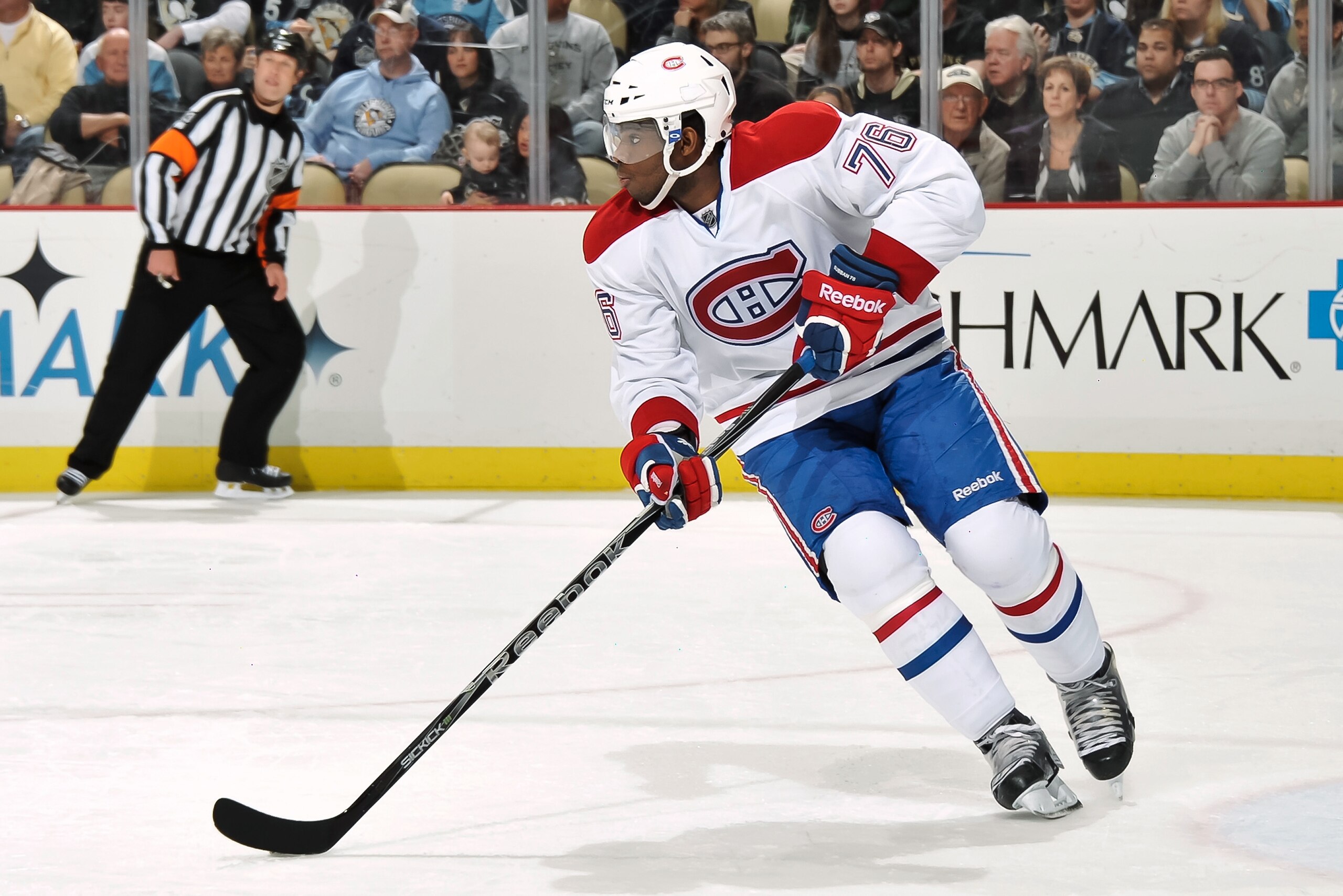 PITTSBURGH, PA - MARCH 12:  P.K. Subban #76 of the Montreal Canadiens skates with the puck against the Pittsburgh Penguins on March 12, 2011 at CONSOL Energy Center in Pittsburgh, Pennsylvania.  (Photo by Jamie Sabau/Getty Images)