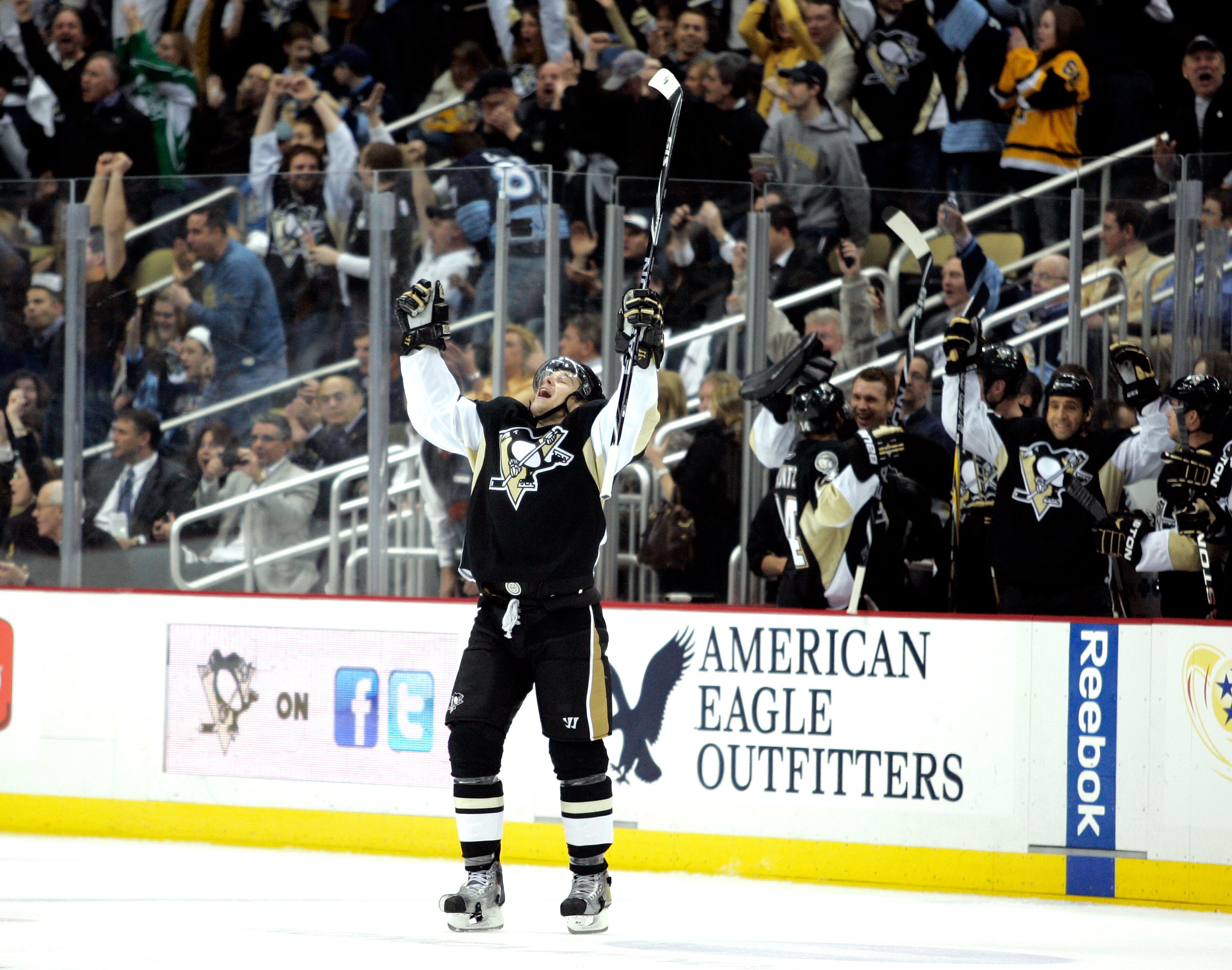PITTSBURGH, PA - MARCH 08:  Zbynek Michalek #4 of the Pittsburgh Penguins celebrates his first goal of the season against the Buffalo Sabres at Consol Energy Center on March 8, 2011 in Pittsburgh, Pennsylvania.  (Photo by Justin K. Aller/Getty Images)