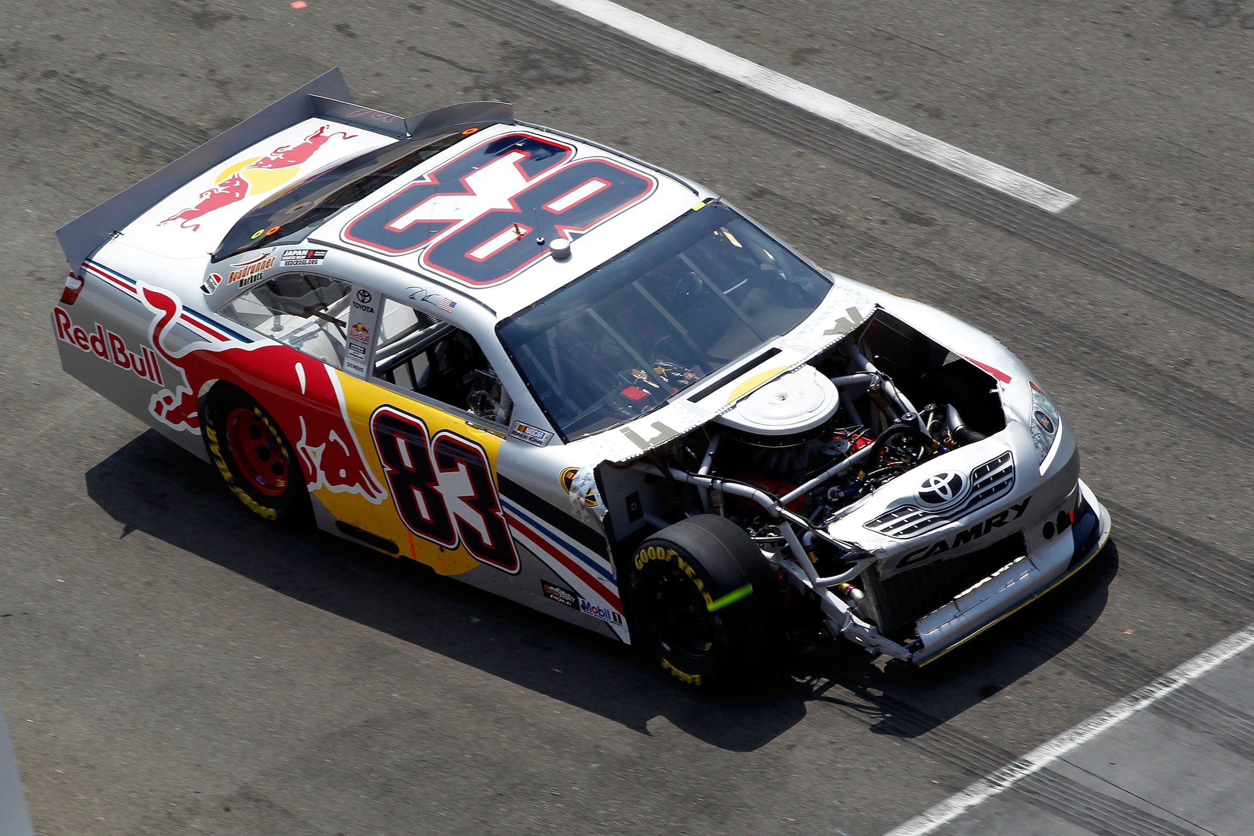 BRISTOL, TN - MARCH 20:  Brian Vickers drives the wrecked #83 Red Bull Toyota during the NASCAR Sprint Cup Series Jeff Byrd 500 Presented By Food City at Bristol Motor Speedway on March 20, 2011 in Bristol, Tennessee.  (Photo by Jeff Zelevansky/Getty Imag