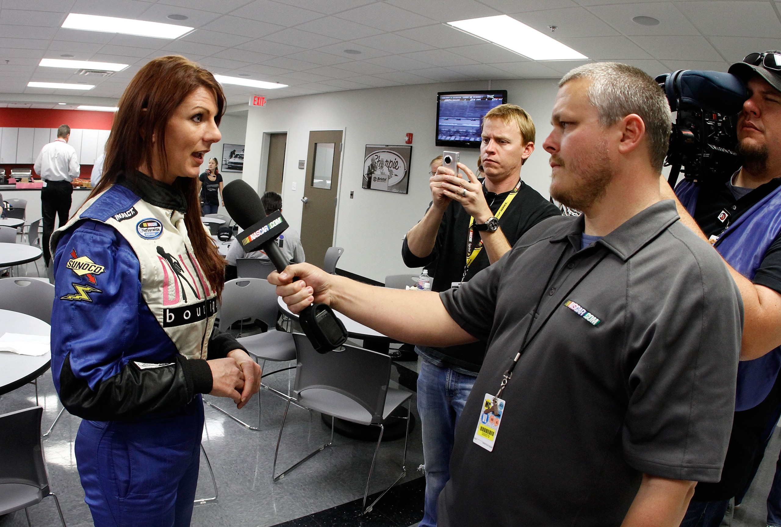 BRISTOL, TN - MARCH 19:  Jennifer Jo Cobb (L) speaks with the media during the NASCAR Nationwide Series Scotts EZ Seed 300 at Bristol Motor Speedway on March 19, 2011 in Bristol, Tennessee.  (Photo by Jason Smith/Getty Images for NASCAR)