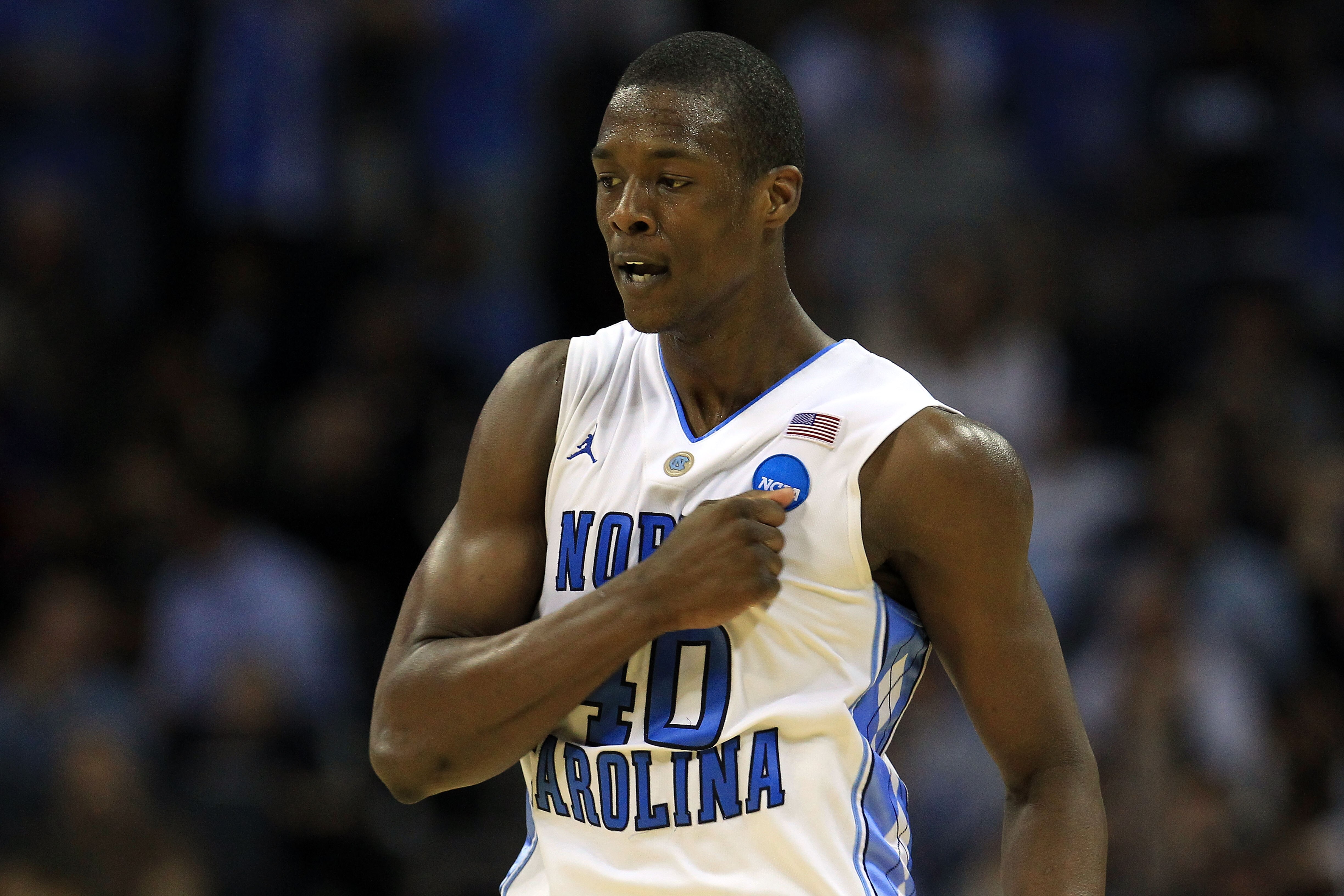 CHARLOTTE, NC - MARCH 20:  Harrison Barnes #40 of the North Carolina Tar Heels reacts in the second half while taking on the Washington Huskies during the third round of the 2011 NCAA men's basketball tournament at Time Warner Cable Arena on March 20, 201