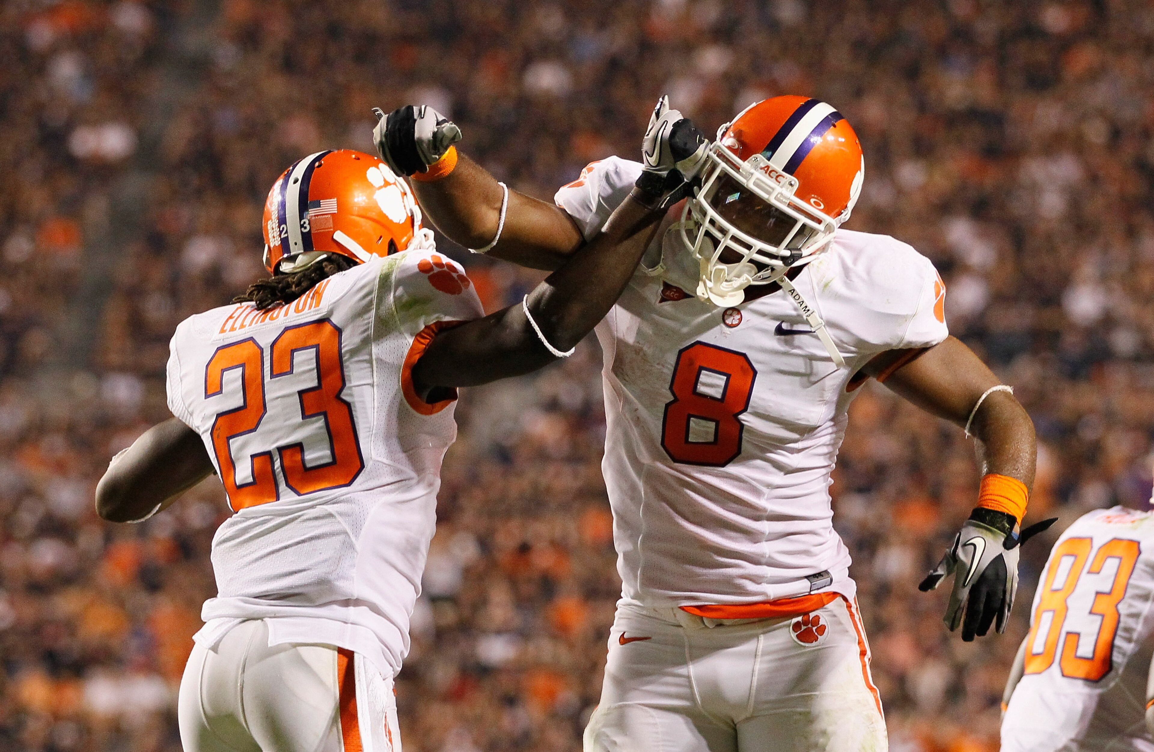 AUBURN, AL - SEPTEMBER 18: Andre Ellington #23 and Jamie Harper #8 of the Clemson Tigers against the Auburn Tigers at Jordan-Hare Stadium on September 18, 2010 in Auburn, Alabama. (Photo by Kevin C. Cox/Getty Images) AUBURN, AL - SEPTEMBER 18: Andre Ellington #23 and Jamie Harper #8 of the Clemson Tigers against the Auburn Tigers at Jordan-Hare Stadium on September 18, 2010 in Auburn, Alabama. (Photo by Kevin C. Cox/Getty Images)