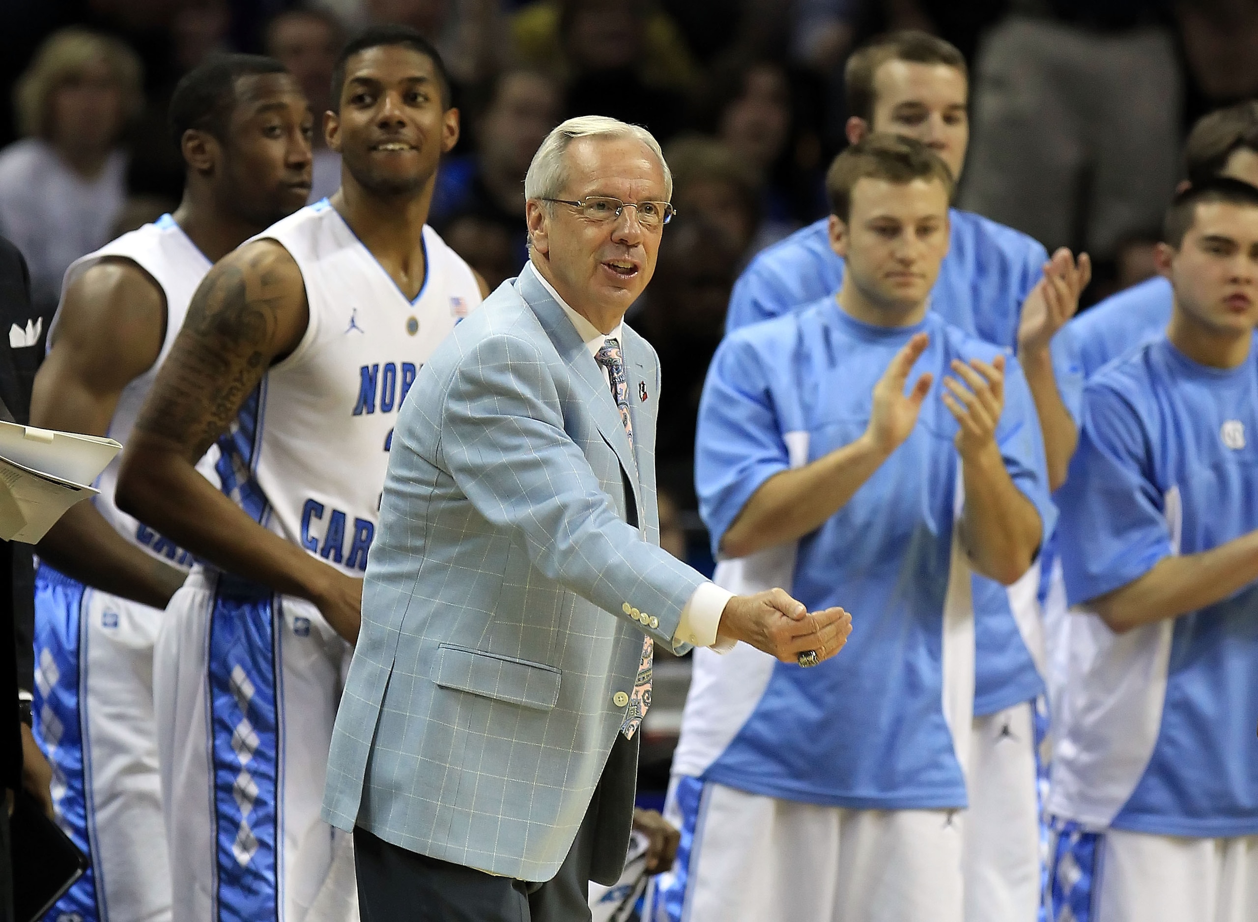 CHARLOTTE, NC - MARCH 20:  Head coach Roy Williams of the North Carolina Tar Heels reacts in the first half while taking on the Washington Huskies during the third round of the 2011 NCAA men's basketball tournament at Time Warner Cable Arena on March 20,