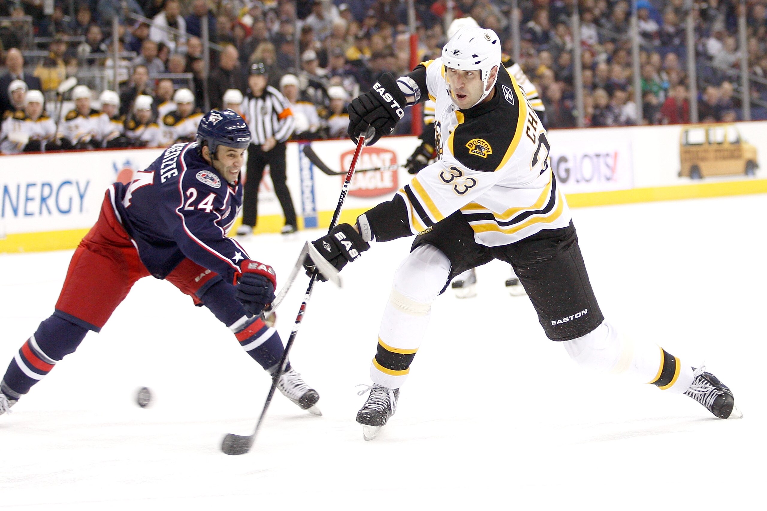 COLUMBUS, OH - MARCH 15:  Derek MacKenzie #24 of the Columbus Blue Jackets attempts to block a shot from Zdeno Chara #33 of the Boston Bruins during the first period on March 15, 2011 at Nationwide Arena in Columbus, Ohio. (Photo by John Grieshop/Getty Im