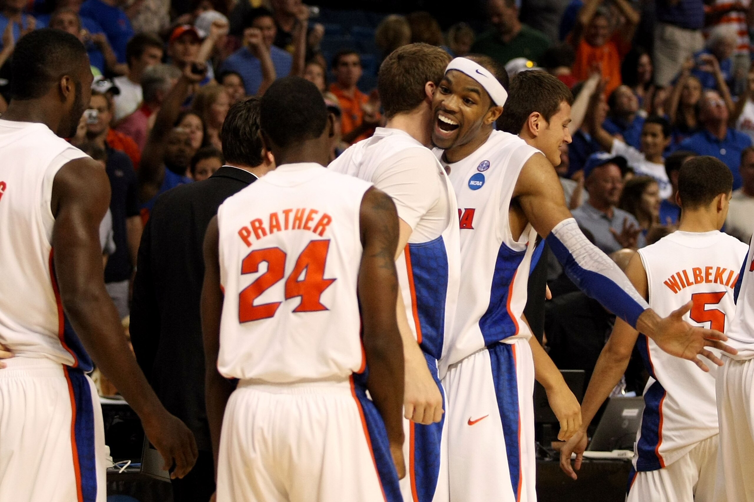 TAMPA, FL - MARCH 19:  Alex Tyus #23 of the Florida Gators celebrates with his teammates after Florida won 73-65 against the UCLA Bruins during the third round of the 2011 NCAA men's basketball tournament at St. Pete Times Forum on March 19, 2011 in Tampa
