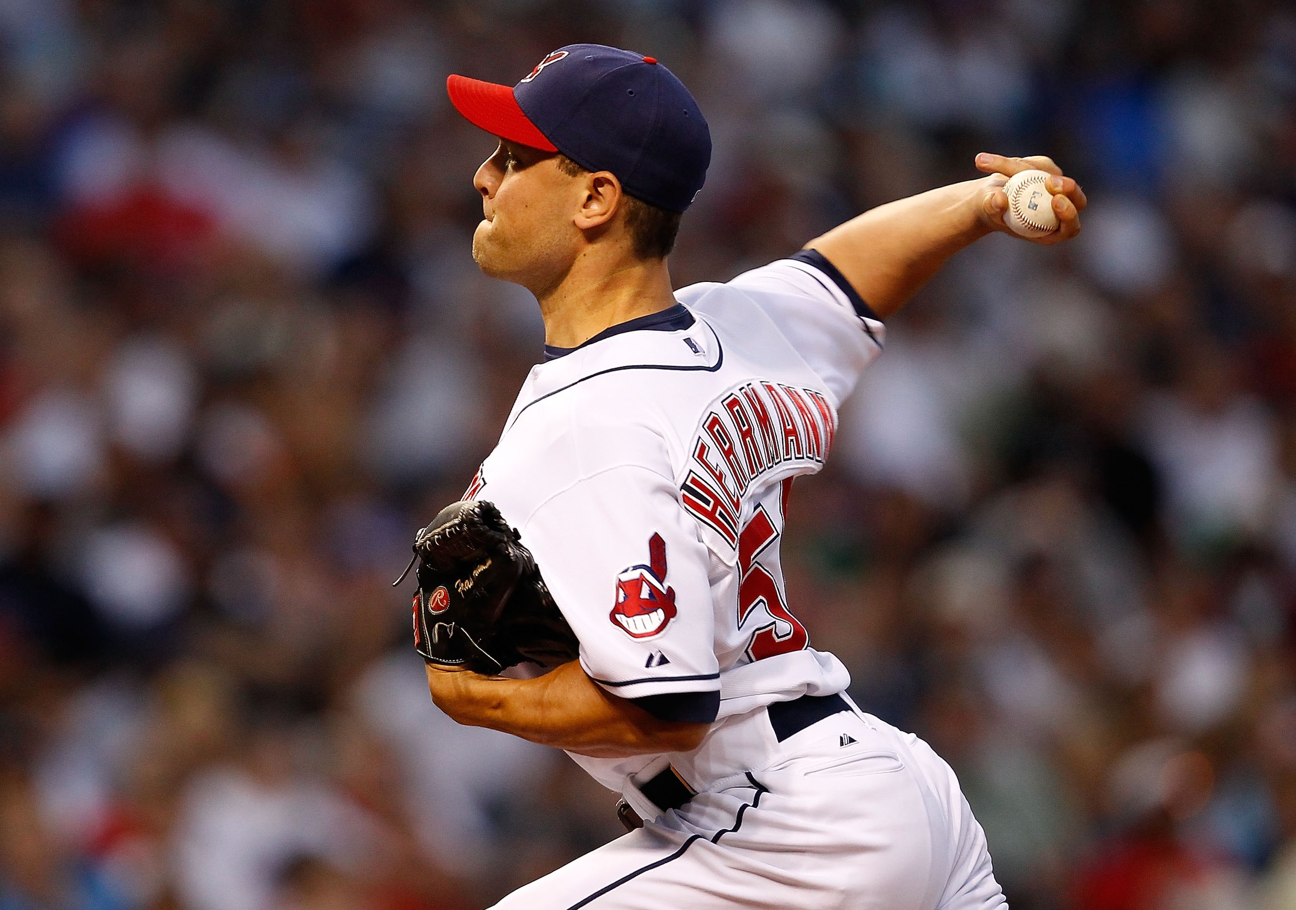 CLEVELAND - JULY 29:  Frank Herrmann #56 of the Cleveland Indians pitches against the New York Yankees during the game on July 29, 2010 at Progressive Field in Cleveland, Ohio.  (Photo by Jared Wickerham/Getty Images)