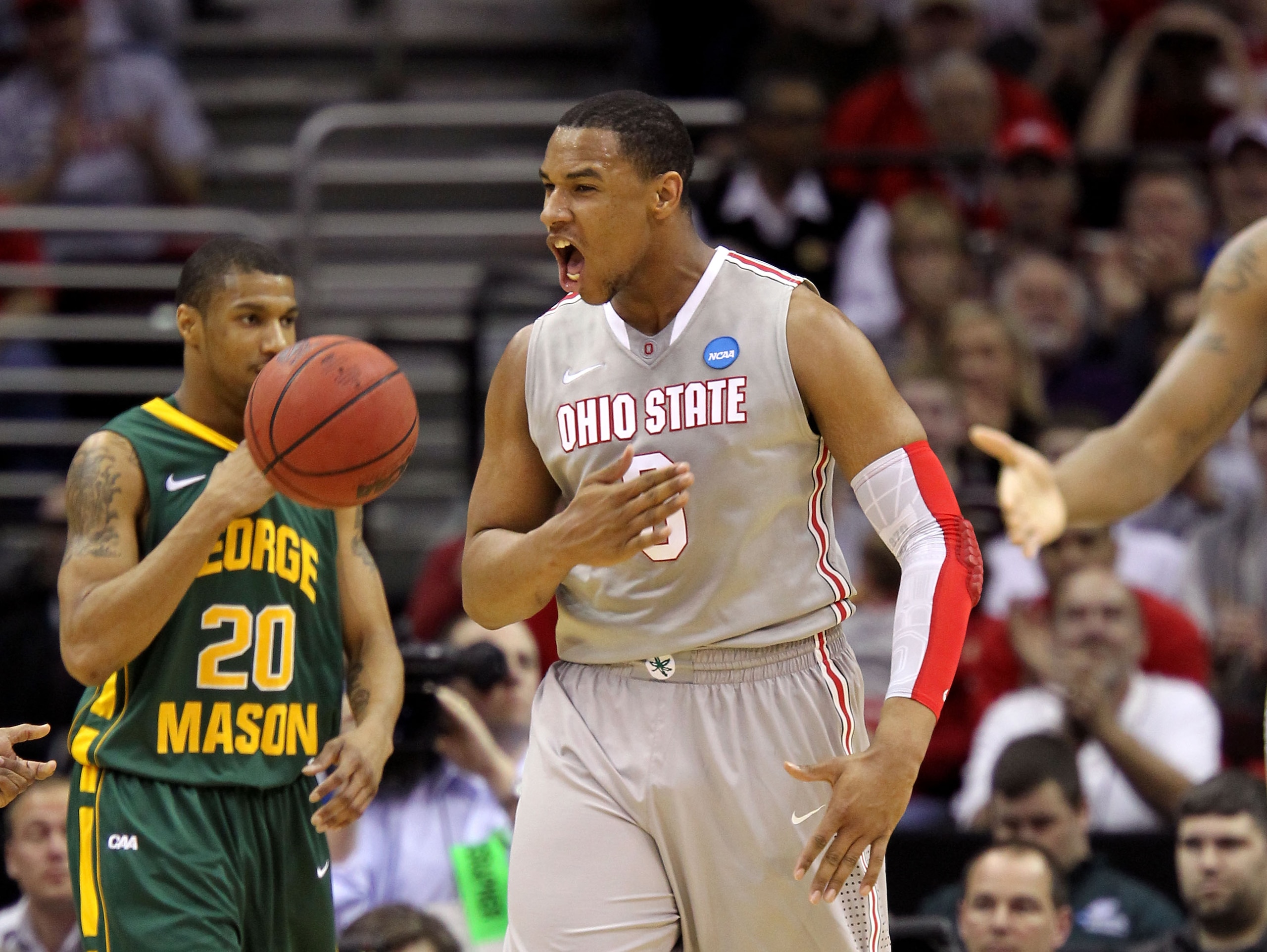 CLEVELAND, OH - MARCH 20: Jared Sullinger #0 of the Ohio State Buckeyes reacts after a play in the first half against the George Mason Patriots during the third of the 2011 NCAA men's basketball tournament at Quicken Loans Arena on March 20, 2011 in Cleve
