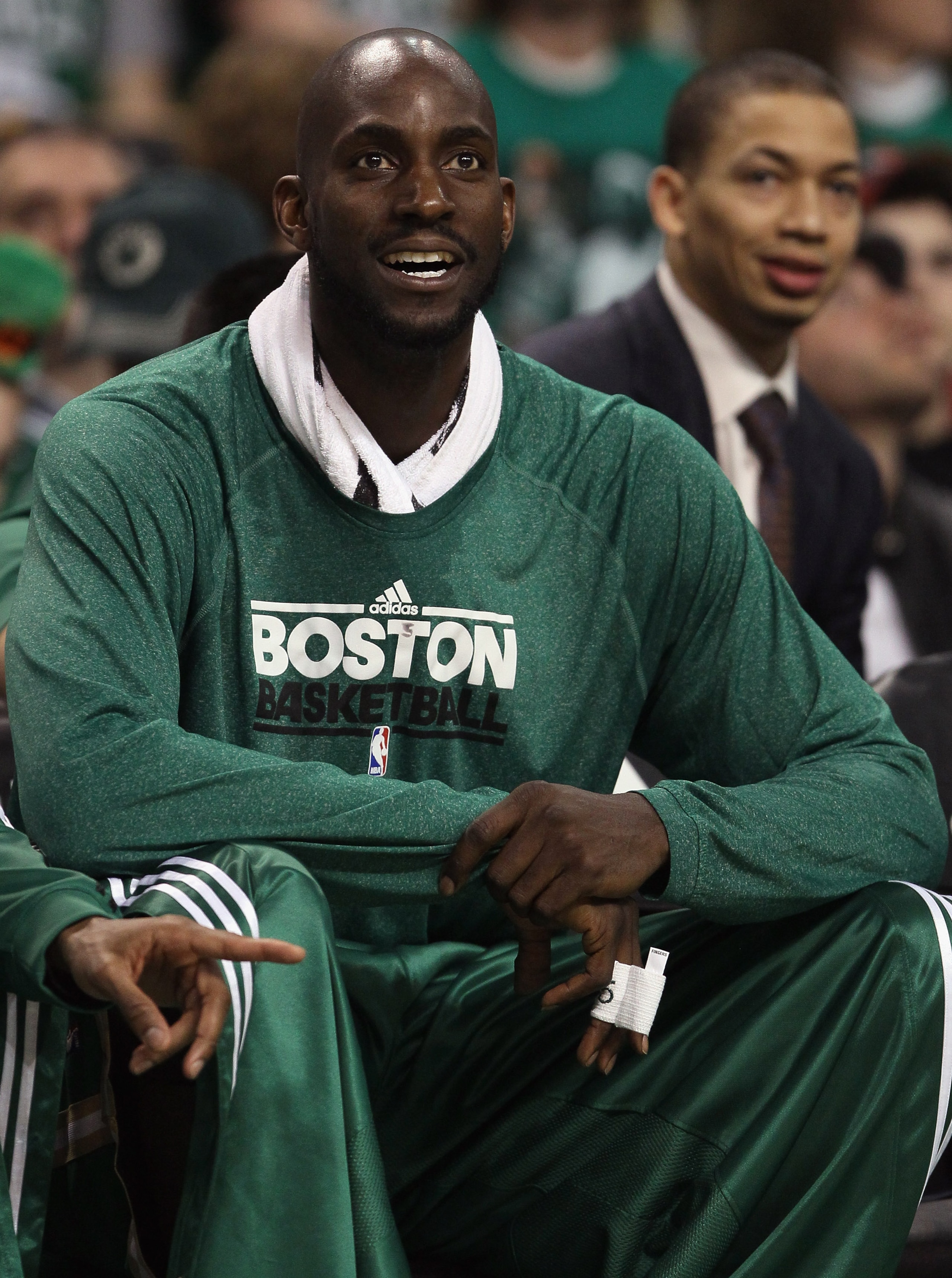 BOSTON, MA - MARCH 16:  Kevin Garnett #5 of the Boston Celtics encourages his teammates from the bench in the fourth quarter against the Indiana Pacers on March 16, 2011 at the TD Garden in Boston, Massachusetts. The Celtics defeated the Indiana Pacers 92