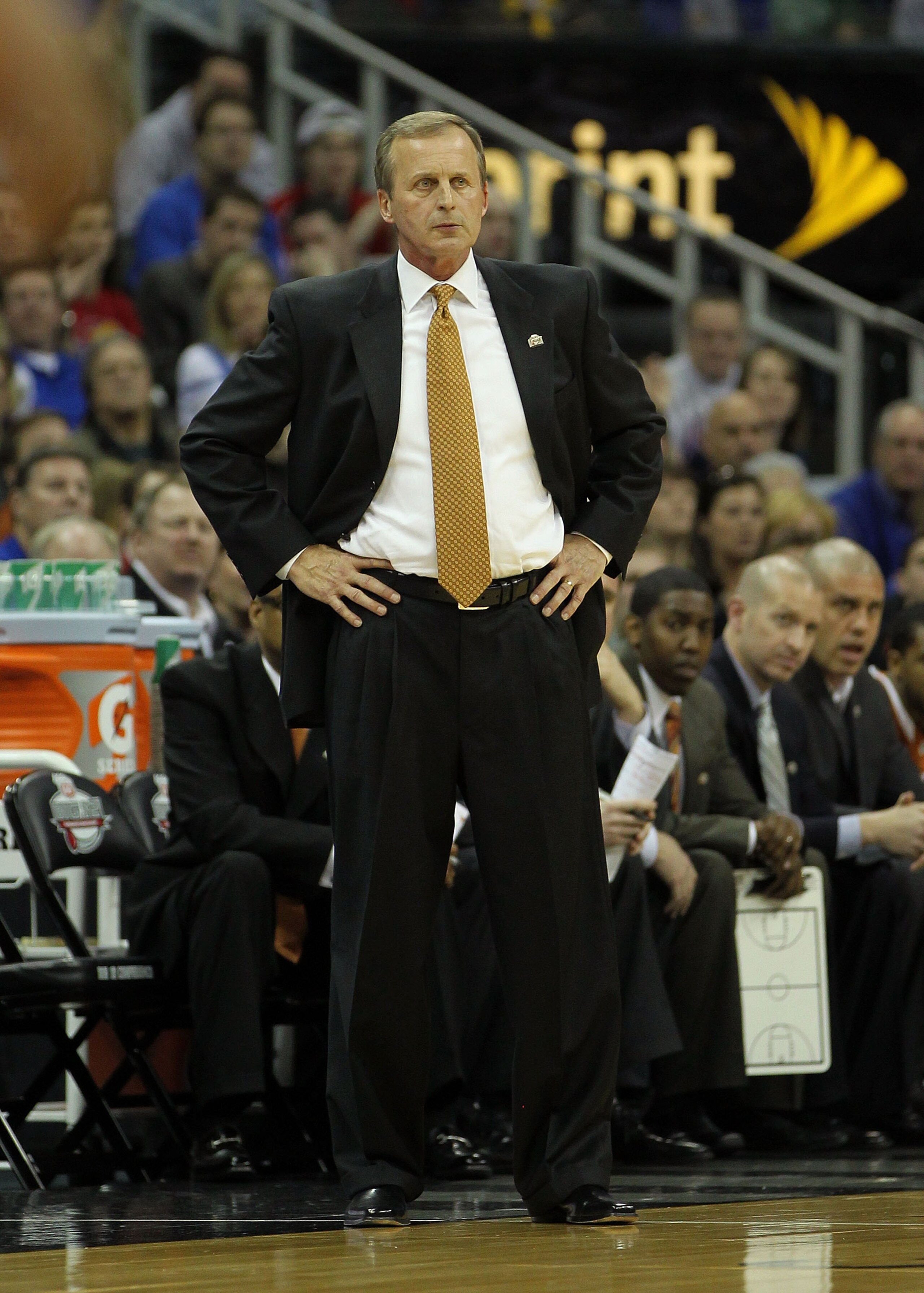KANSAS CITY, MO - MARCH 12:  Head coach Rick Barnes of the Texas Longhorns looks on against the Kansas Jayhawks during the 2011 Phillips 66 Big 12 Men's Basketball Tournament championship game at Sprint Center on March 12, 2011 in Kansas City, Missouri.