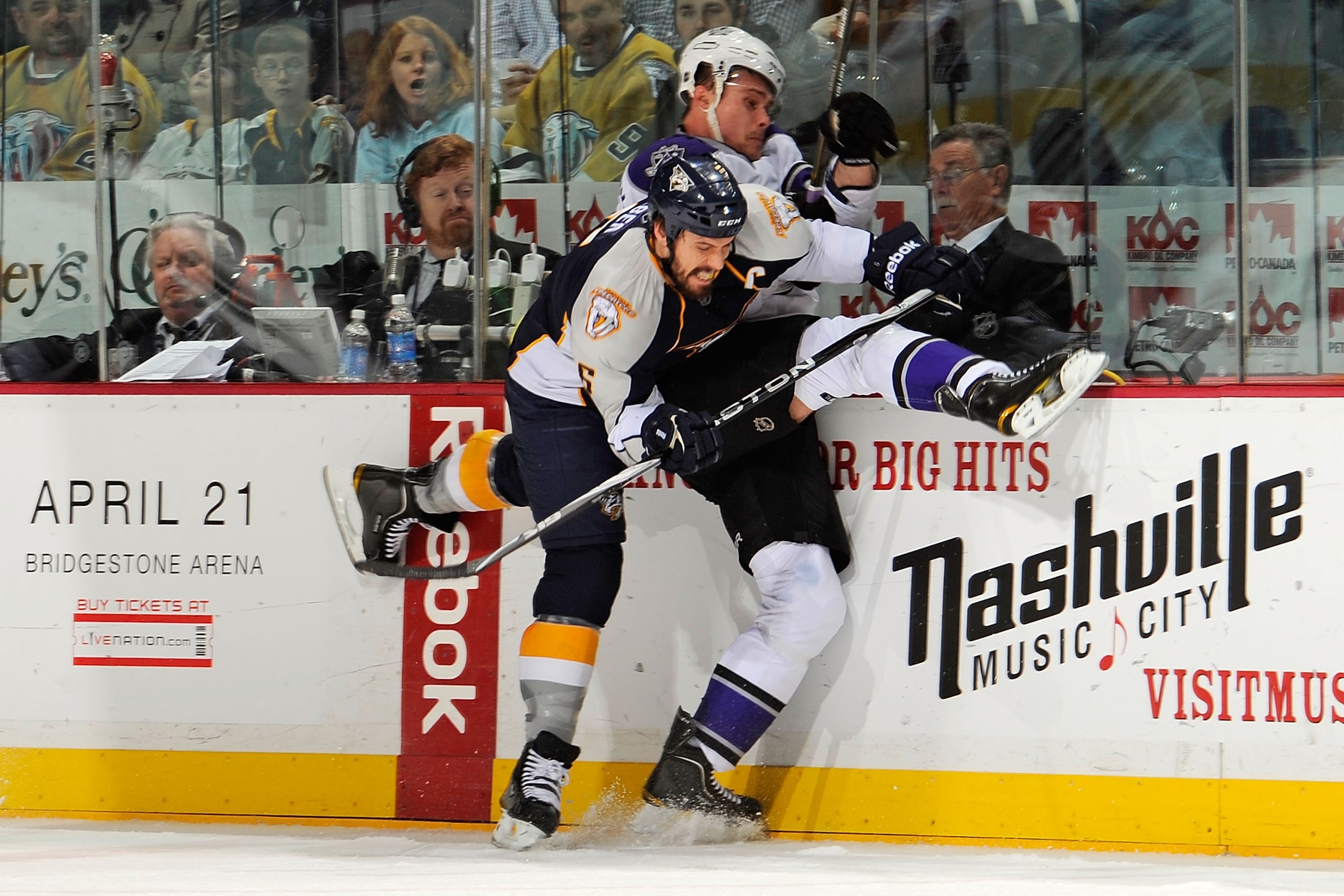 NASHVILLE, TN - MARCH 15:  Shea Weber #6 of the Nashville Predators checks Alexei Ponikarovski #27 of the Los Angeles Kings on March 15, 2011 at the Bridgestone Arena in Nashville, Tennessee.  (Photo by Frederick Breedon/Getty Images)