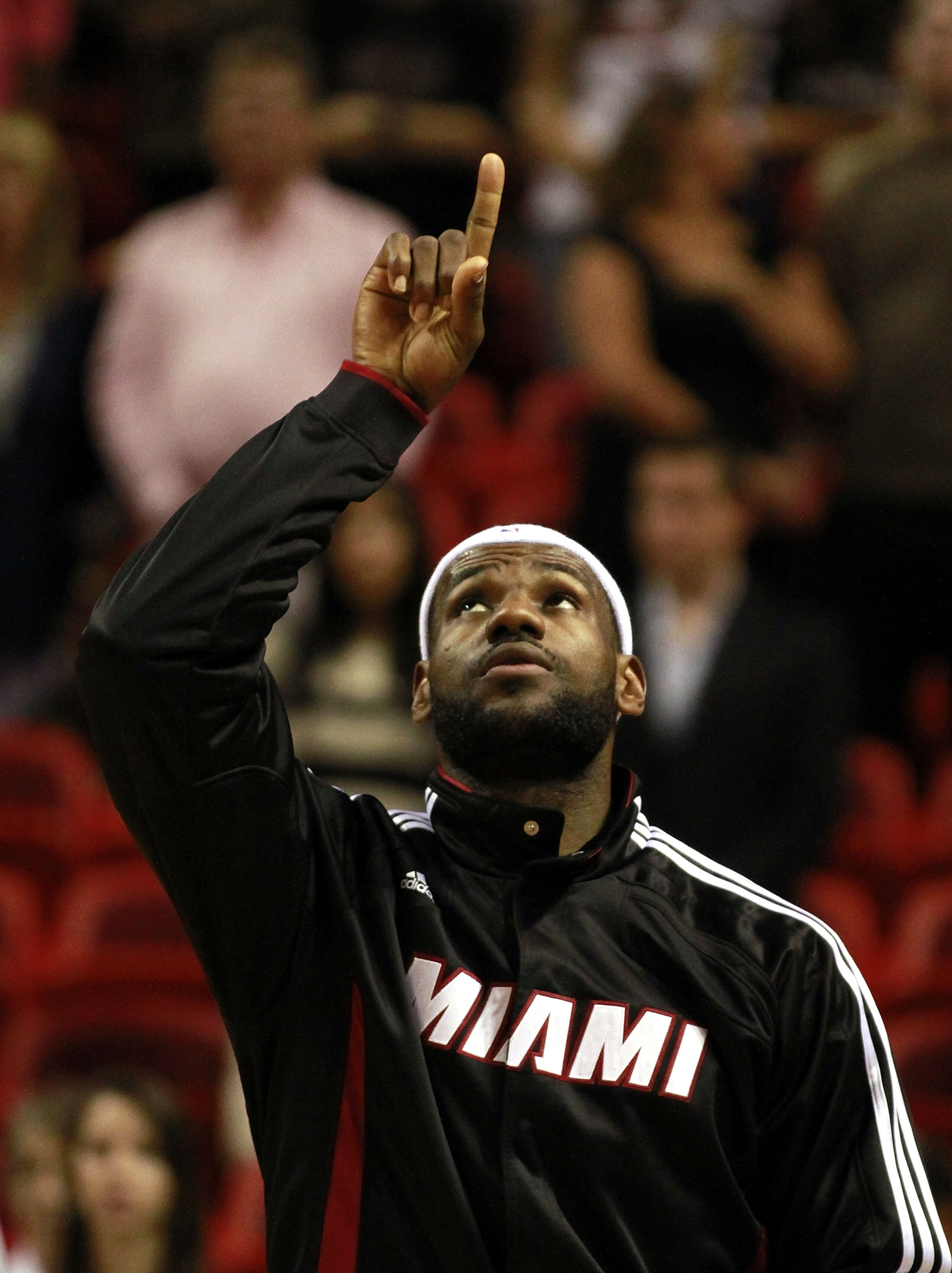 MIAMI, FL - MARCH 19:  Forward LeBron James #6 of the Miami Heat is introduced against the Denver Nuggets at American Airlines Arena on March 19, 2011 in Miami, Florida. NOTE TO USER: User expressly acknowledges and agrees that, by downloading and/or usin