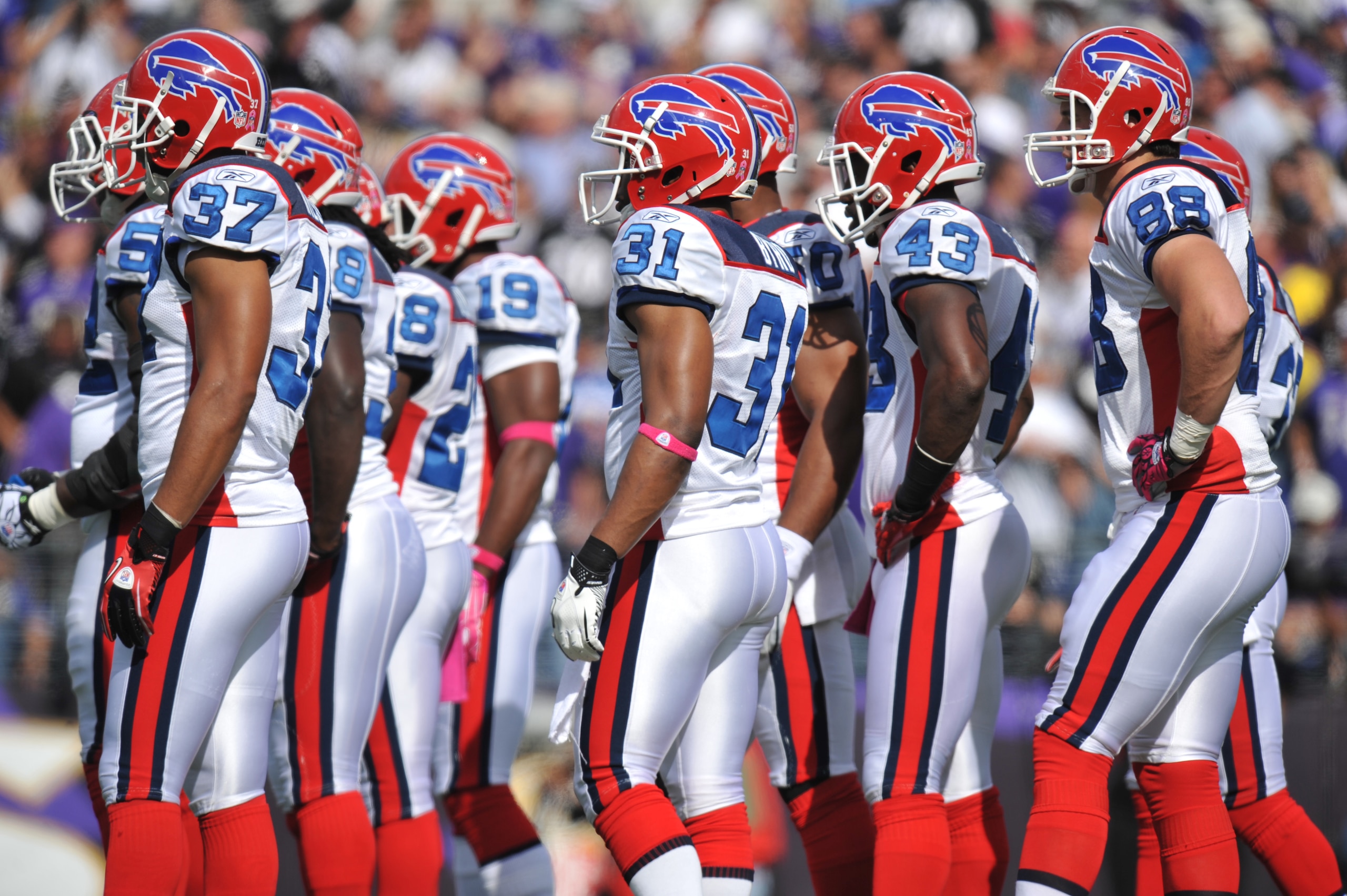 BALTIMORE, MD - OCTOBER 24: The Buffalo Bills kickoff team huddles before the kick against the Baltimore Ravens at M&T Bank Stadium on October 24, 2010 in Baltimore, Maryland. The Ravens defeated the Bills 37-34. (Photo by Larry French/Getty Images) BALTIMORE, MD - OCTOBER 24: The Buffalo Bills kickoff team huddles before the kick against the Baltimore Ravens at M&T Bank Stadium on October 24, 2010 in Baltimore, Maryland. The Ravens defeated the Bills 37-34. (Photo by Larry French/Getty Images)