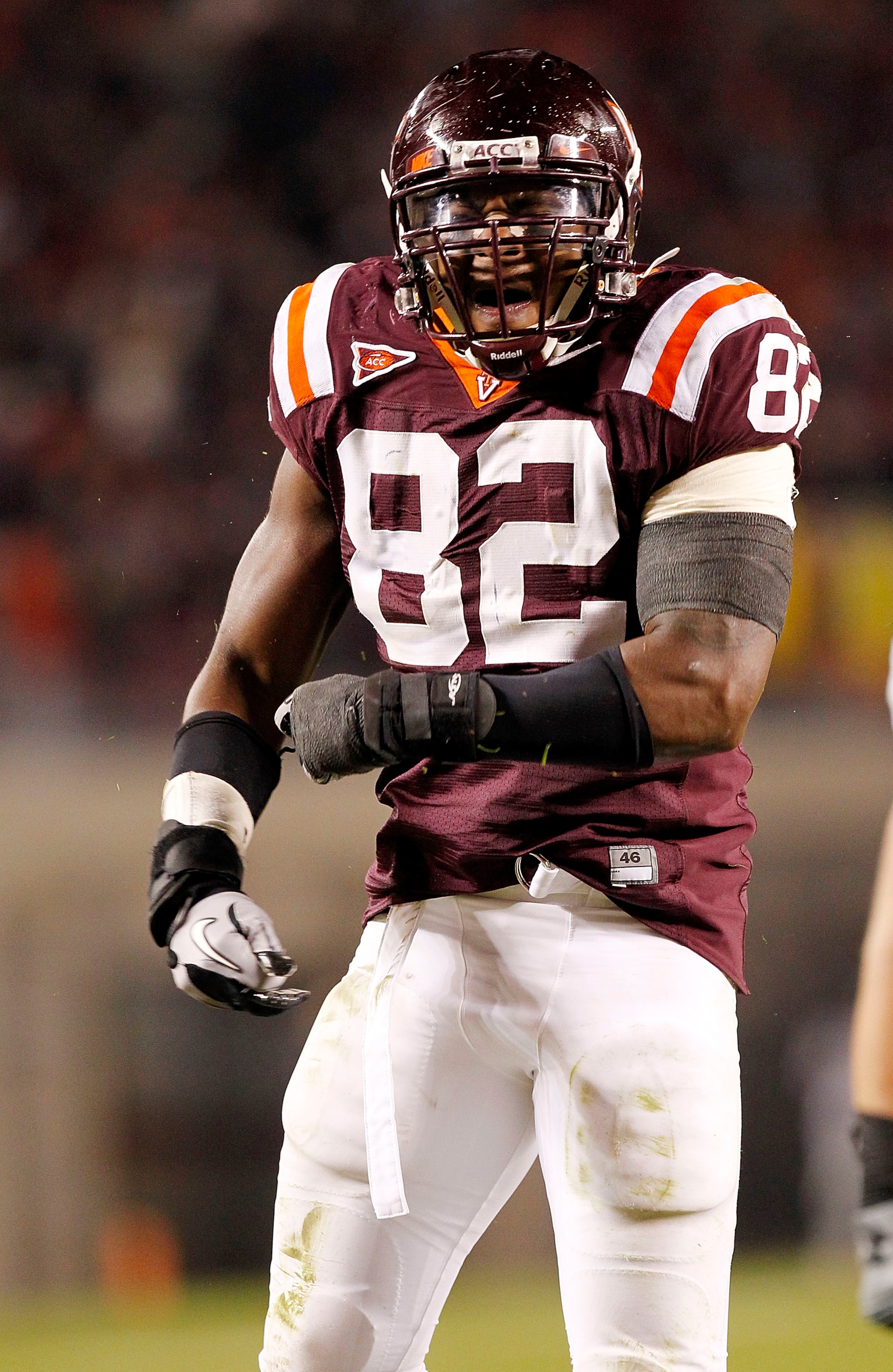 BLACKSBURG, VA - NOVEMBER 04: Defensive end Steven Friday #82 of the Virginia Tech Hokies celebrates after making a tackle against the Georgia Tech Yellow Jackets at Lane Stadium on November 4, 2010 in Blacksburg, Virginia. (Photo by Geoff Burke/Getty Im BLACKSBURG, VA - NOVEMBER 04: Defensive end Steven Friday #82 of the Virginia Tech Hokies celebrates after making a tackle against the Georgia Tech Yellow Jackets at Lane Stadium on November 4, 2010 in Blacksburg, Virginia. (Photo by Geoff Burke/Getty Im
