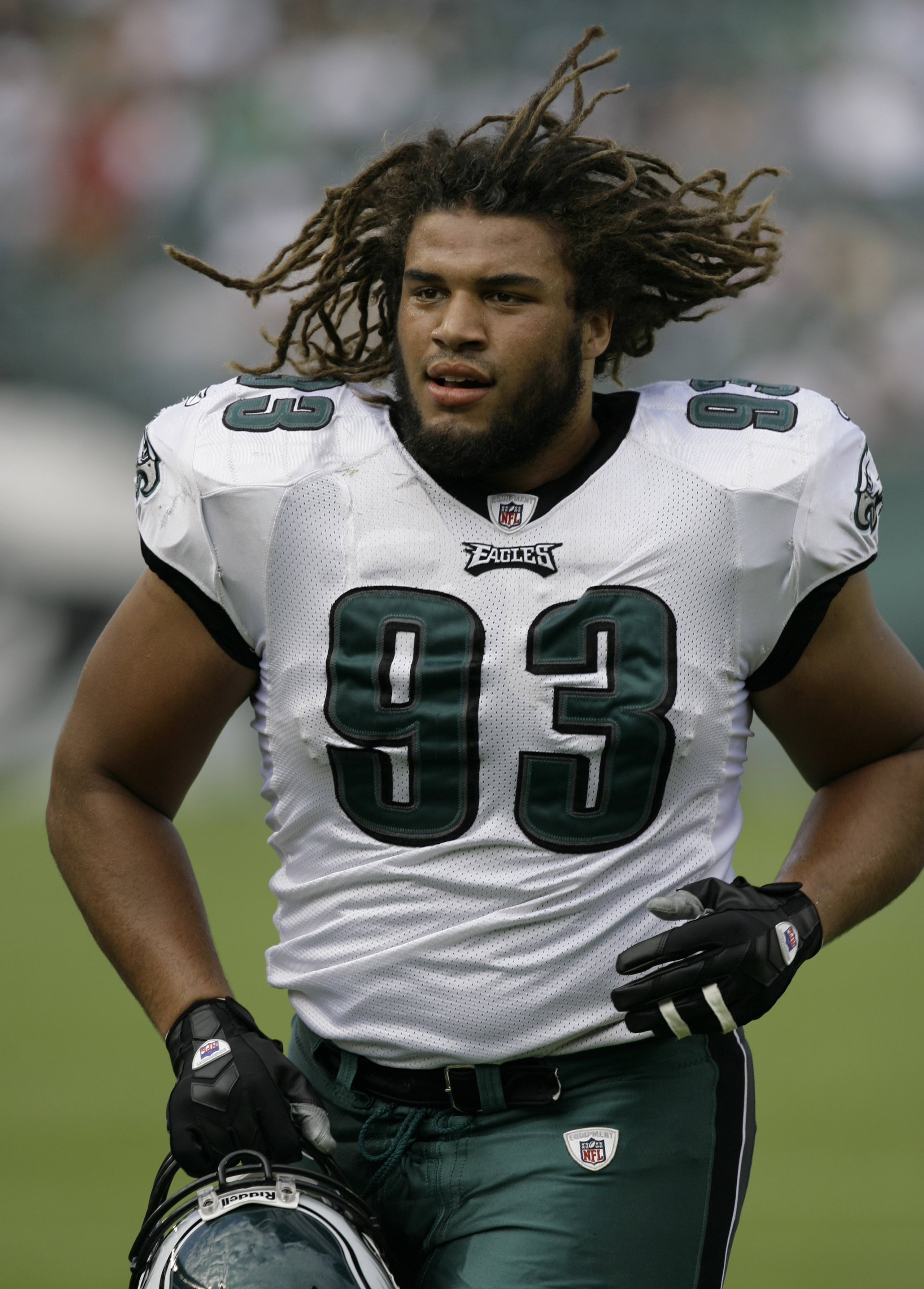 PHILADELPHIA - SEPTEMBER 21:Trevor Laws #93 of the Philadelphia Eagles jogs off the field  during pre-game warmups before their game against the Pittsburgh Steelers on September 21, 2008 at Lincoln Financial Field in Philadelphia, Pennsylvania. (Photo by