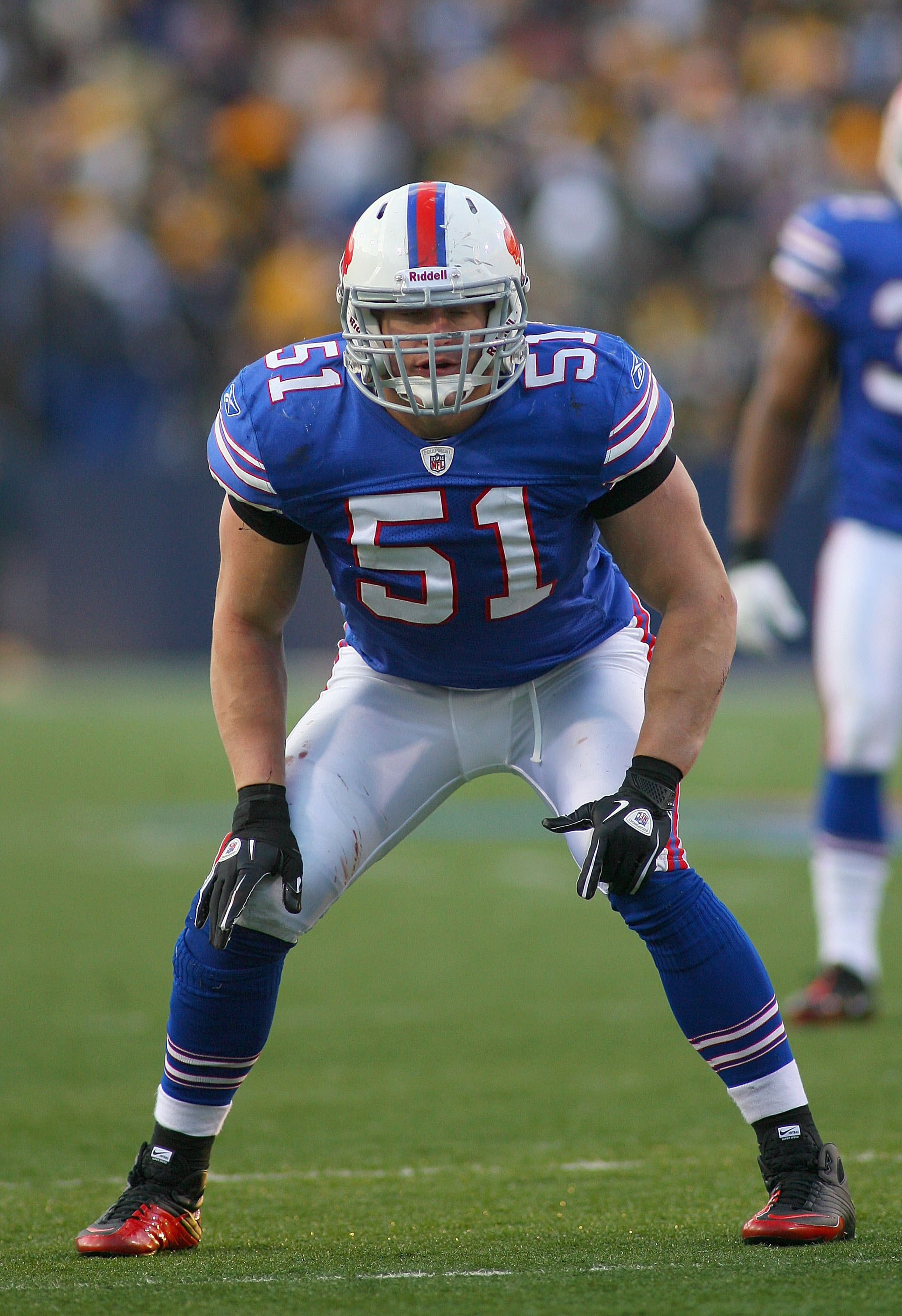 Buffalo Bills linebacker Paul Posluszny models this seasons 50th season  celebration throwback jersey Thursday night at St. John Fisher College in  Rochester, NY (Credit Image: © Michael Johnson/Southcreek  Global/ZUMApress.com Stock Photo 