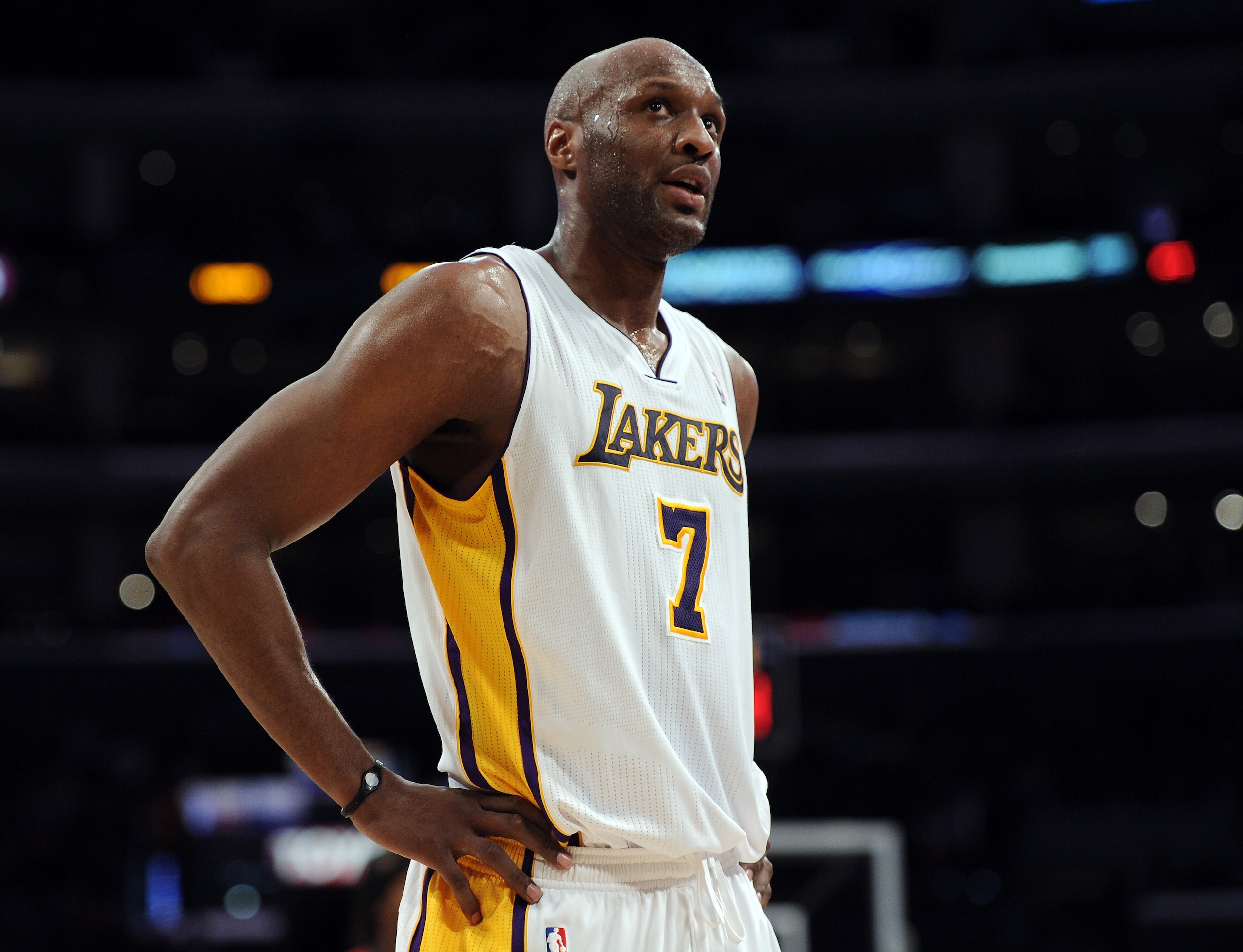 LOS ANGELES, CA - MARCH 20:  Lamar Odom #7 of the Los Angeles Lakers reacts as his team is called for a foul during the game against the Portland Trail Blazers at the Staples Center on March 20, 2011 in Los Angeles, California.  NOTE TO USER: User express