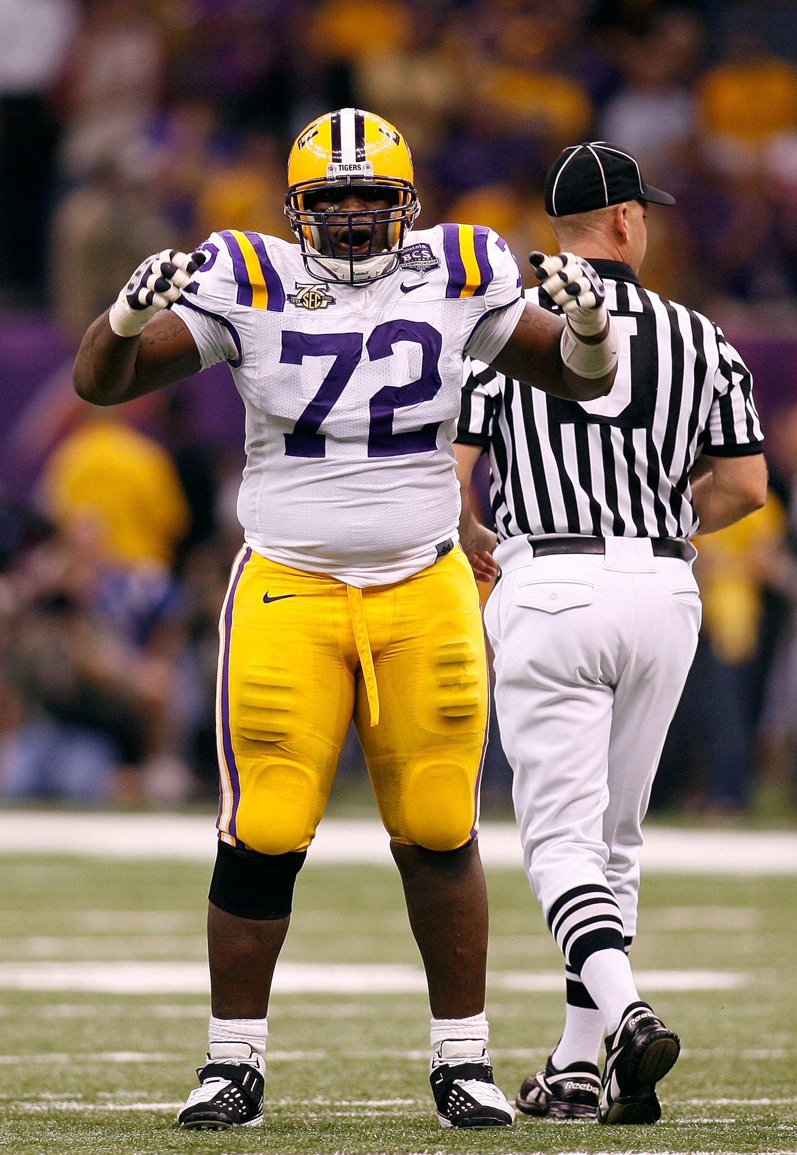NEW ORLEANS - JANUARY 07:  Glenn Dorsey #72 of the Louisiana State University Tigers celebrates a tackle against the Ohio State Buckeyes during the AllState BCS National Championship on January 7, 2008 at the Louisiana Superdome in New Orleans, Louisiana.