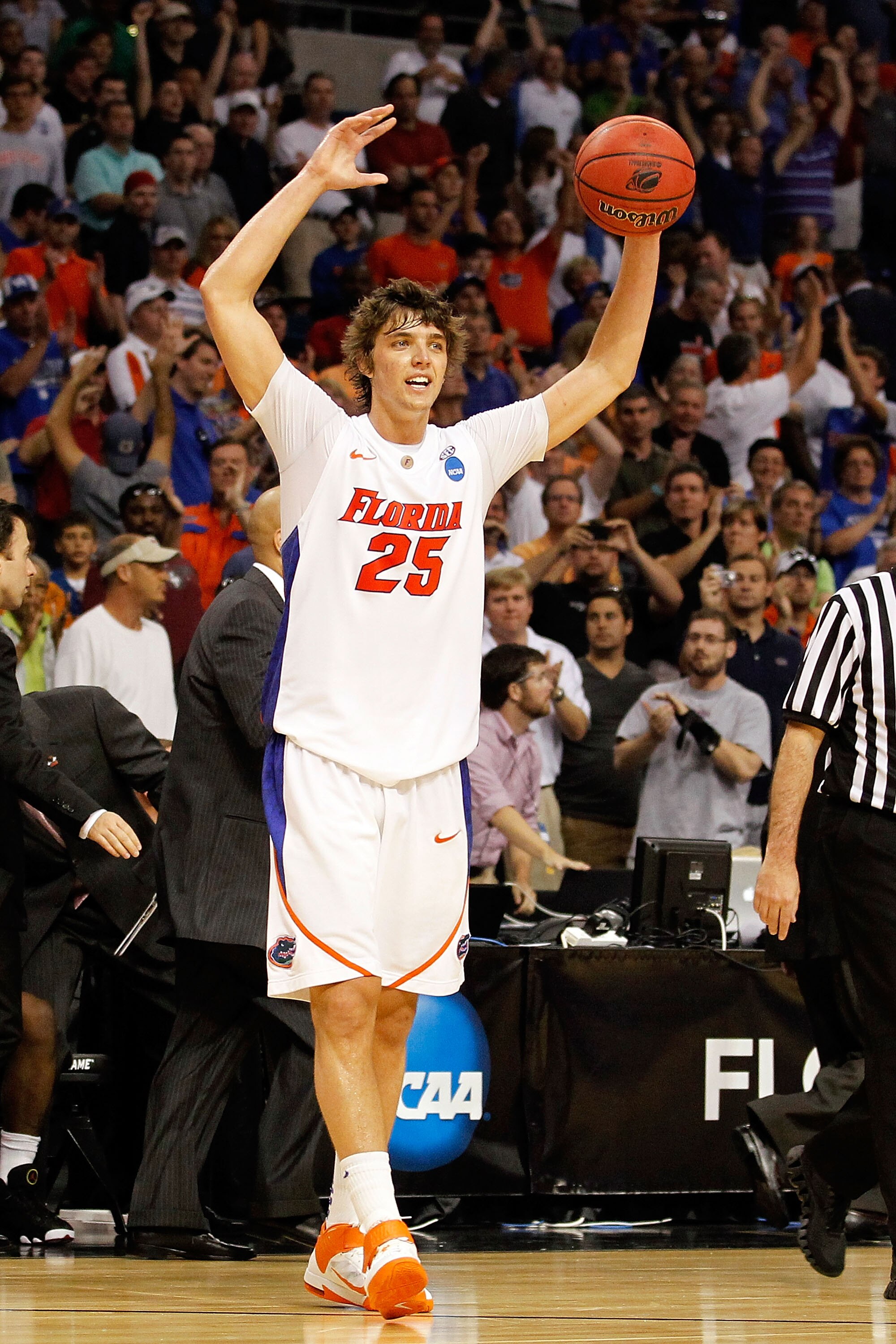 TAMPA, FL - MARCH 19:  Chandler Parsons #25 of the Florida Gators celebrates after FLordia won 73-65 against the UCLA Bruins during the third round of the 2011 NCAA men's basketball tournament at St. Pete Times Forum on March 19, 2011 in Tampa, Florida.