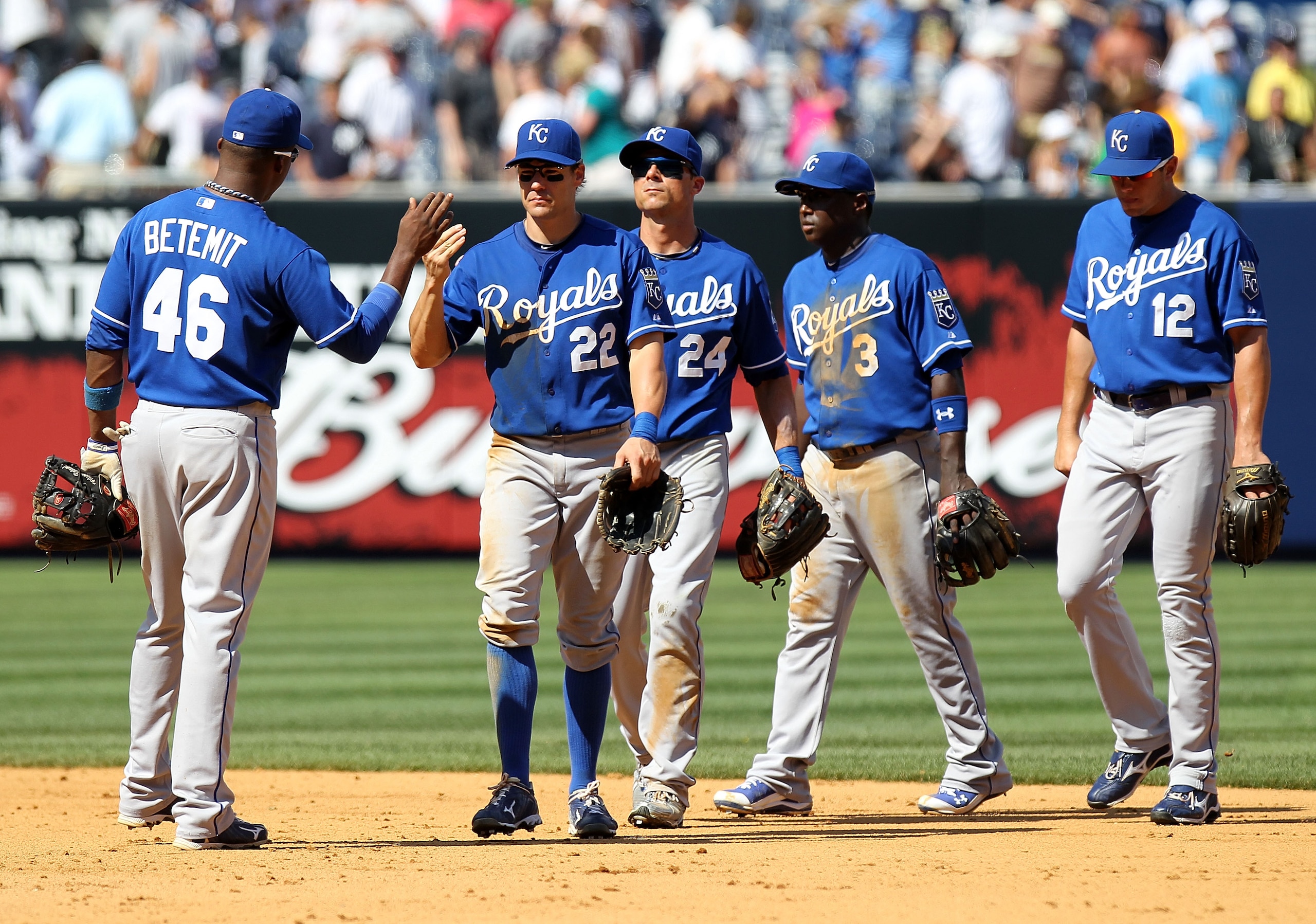 NEW YORK - JULY 24: The Kansas City Royals celebrate the win against the New York Yankees at Yankee Stadium on July 24, 2010 in the Bronx borough of New York City.  (Photo by Nick Laham/Getty Images)