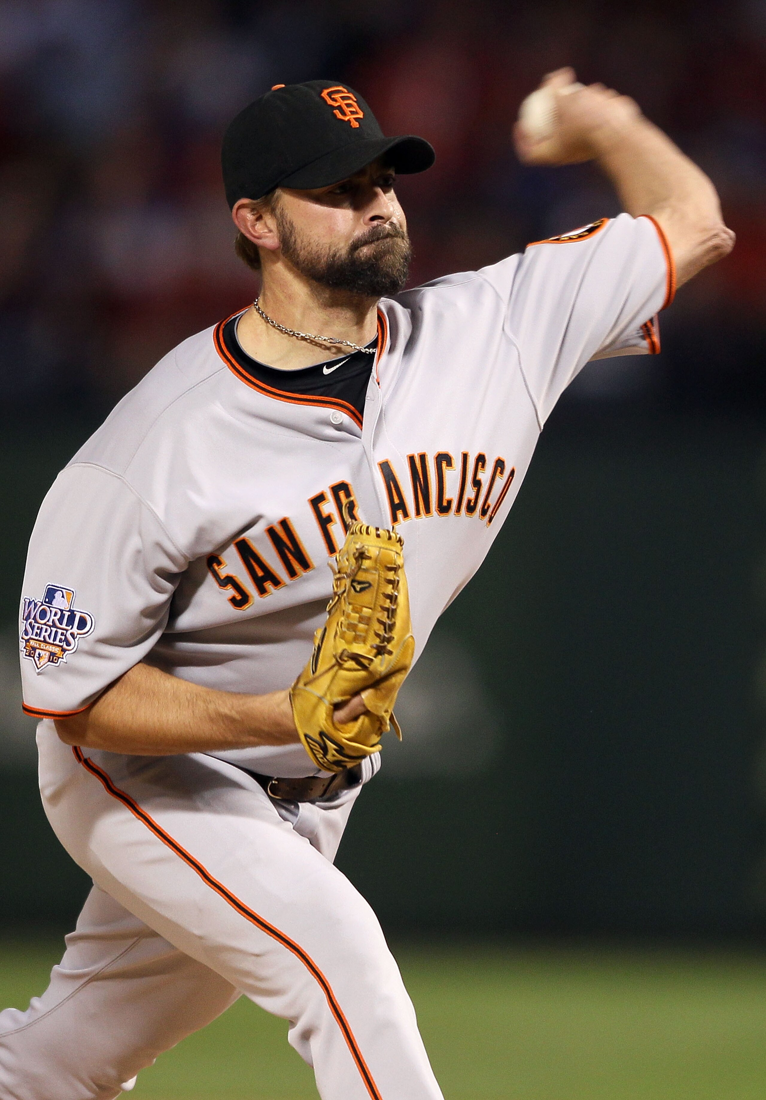 ARLINGTON, TX - OCTOBER 30:  Jeremy Affeldt #41 of the San Francisco Giants pitches against the Texas Rangers in Game Three of the 2010 MLB World Series at Rangers Ballpark in Arlington on October 30, 2010 in Arlington, Texas.  (Photo by Elsa/Getty Images