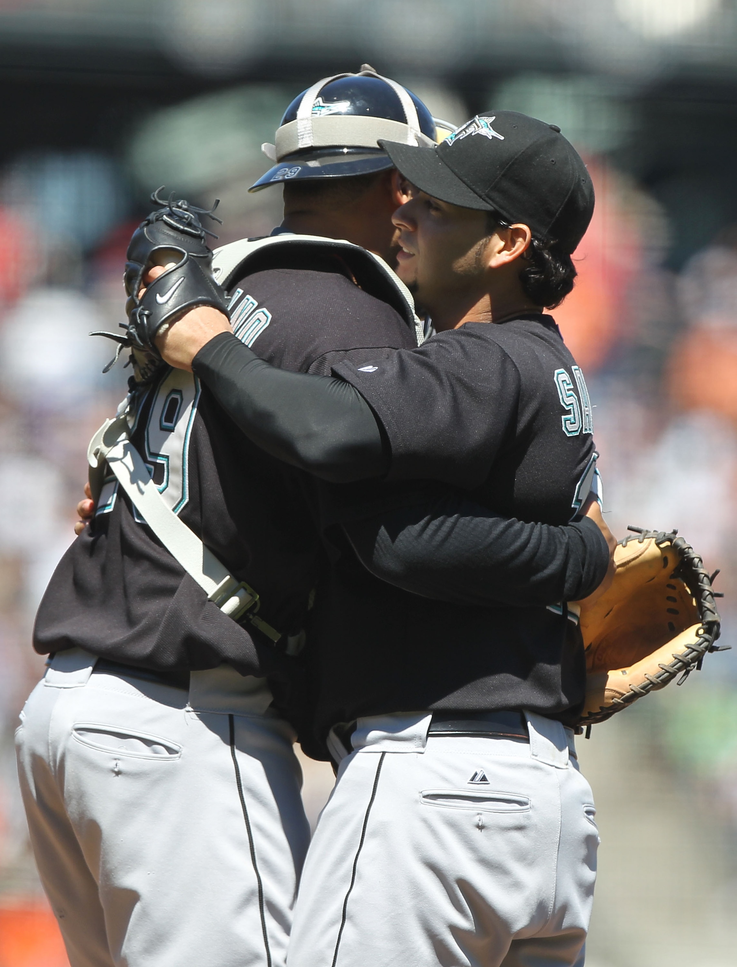 SAN FRANCISCO - JULY 29:  Anibal Sanchez #19 of the Florida Marlins celebrates with his catcher Ronny Paulino #29 after throwing a one-hitter against the San Francisco Giants during an MLB game at AT&T Park on July 29, 2010 in San Francisco, California.