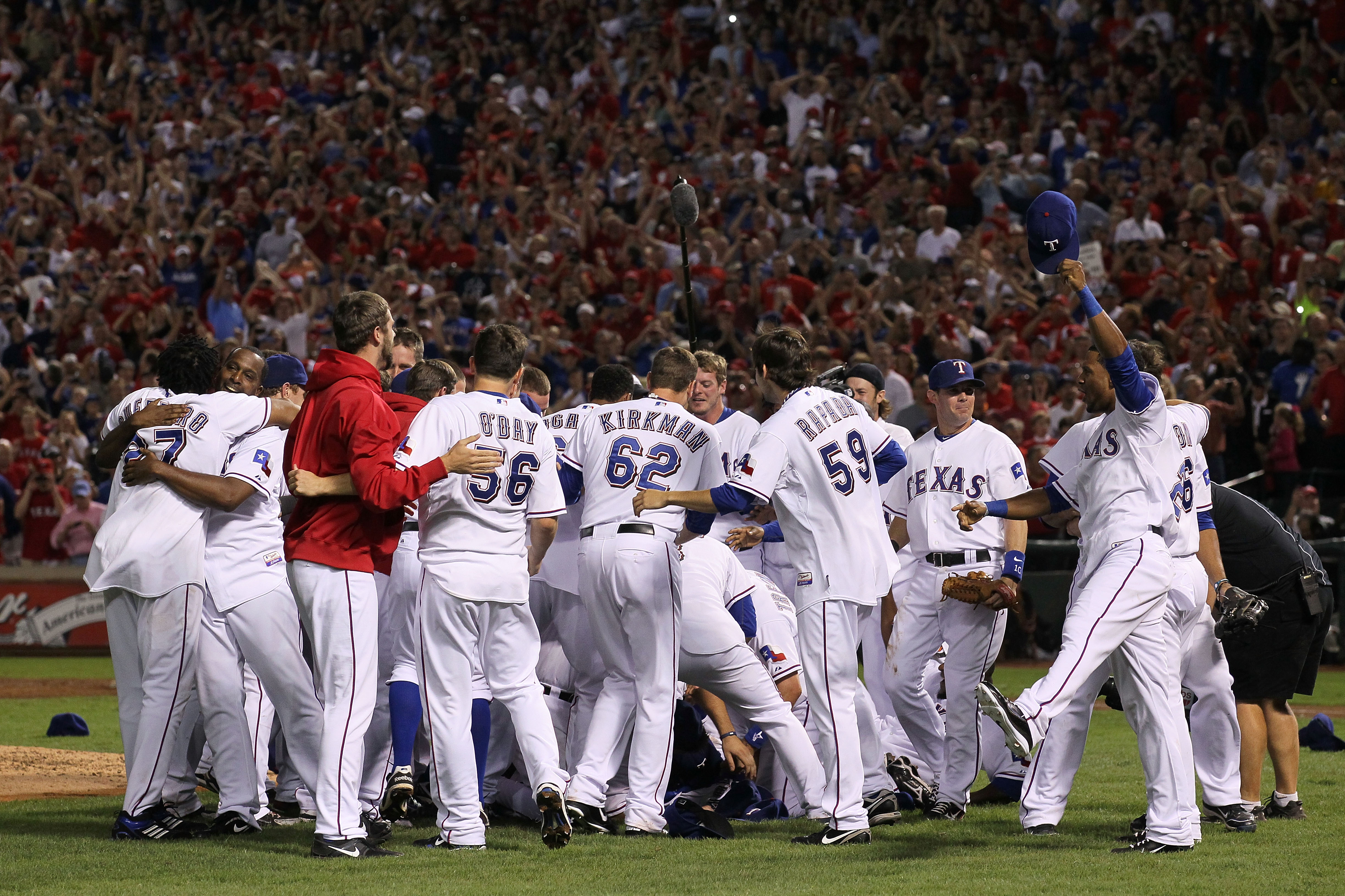 ARLINGTON, TX - OCTOBER 22:  The Texas Rangers celebrate on the field after defeating the New York Yankees 6-1 in Game Six of the ALCS to advance to the World Series during the 2010 MLB Playoffs at Rangers Ballpark in Arlington on October 22, 2010 in Arli
