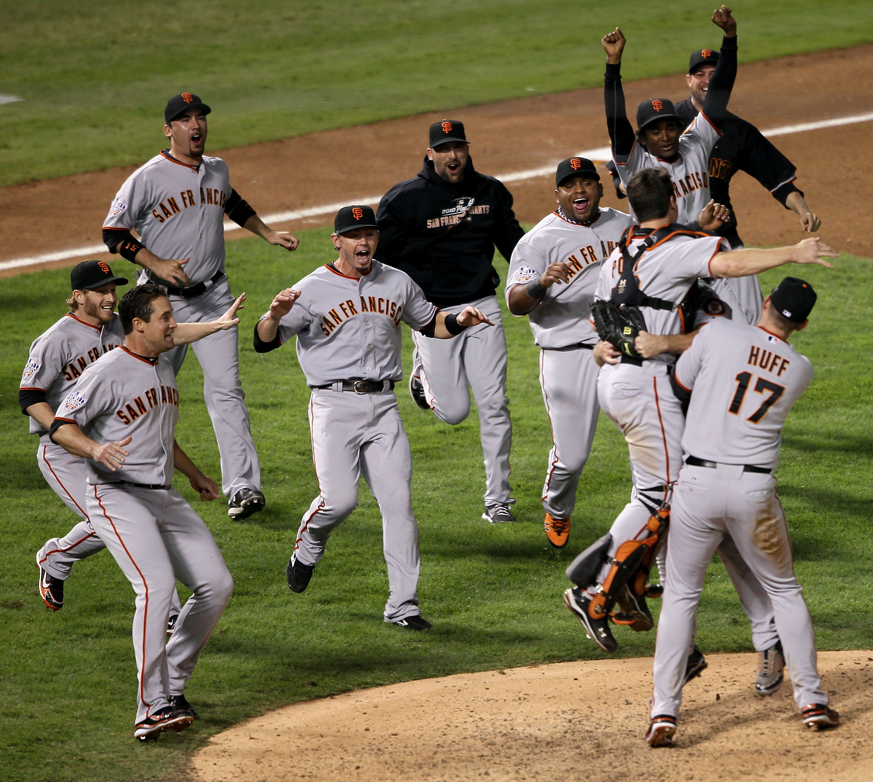 ARLINGTON, TX - NOVEMBER 01:  The San Francisco Giants including Mark DeRosa and Aubrey Huff celebrate their 3-1 victory to win the World Series over the Texas Rangers in Game Five of the 2010 MLB World Series at Rangers Ballpark in Arlington on November