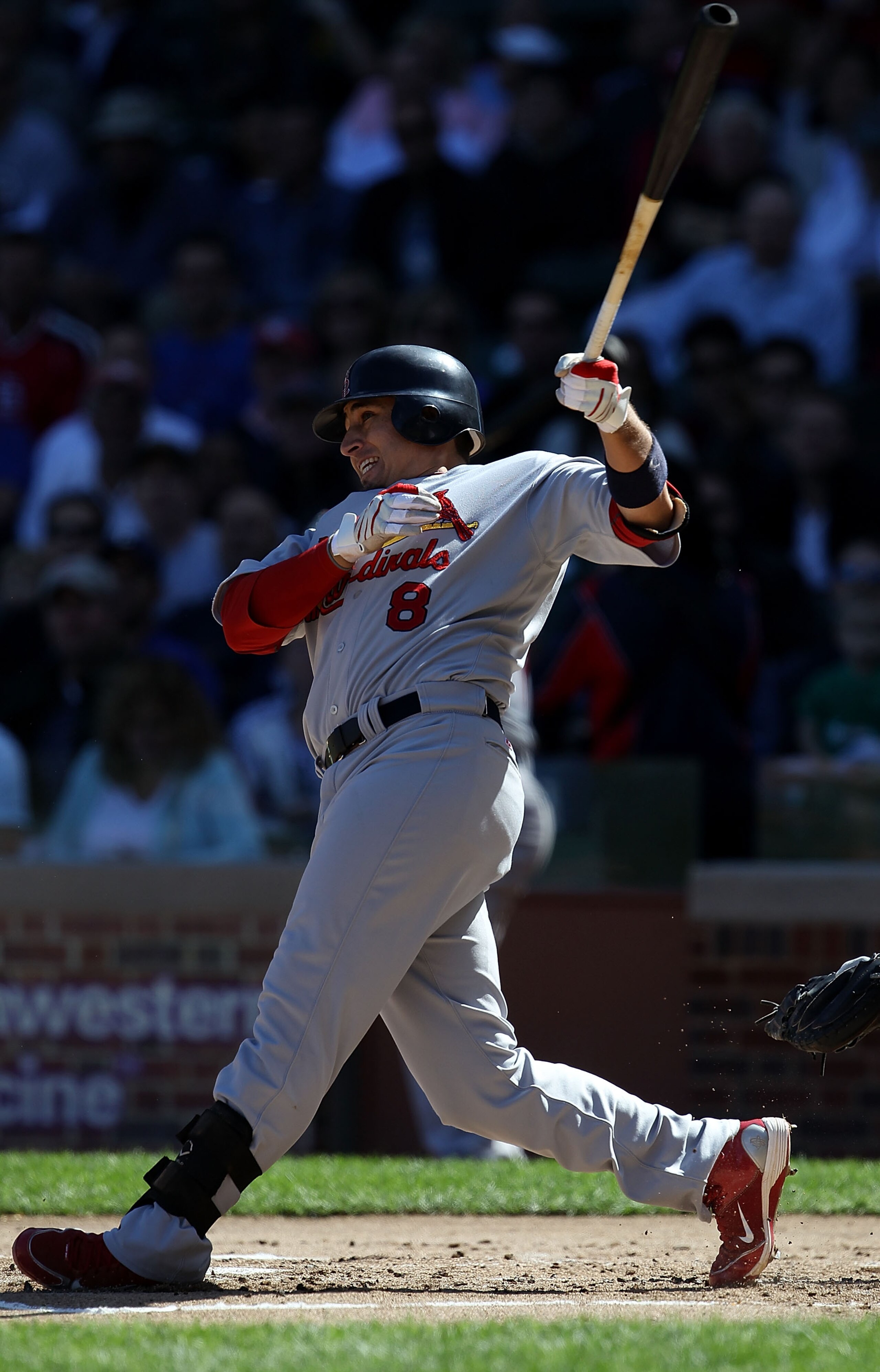 CHICAGO - SEPTEMBER 24: Allen Craig #8 of the St. Louis Cardinals hits a three-run home run in the 1st inning against the Chicago Cubs at Wrigley Field on September 24, 2010 in Chicago, Illinois. (Photo by Jonathan Daniel/Getty Images)