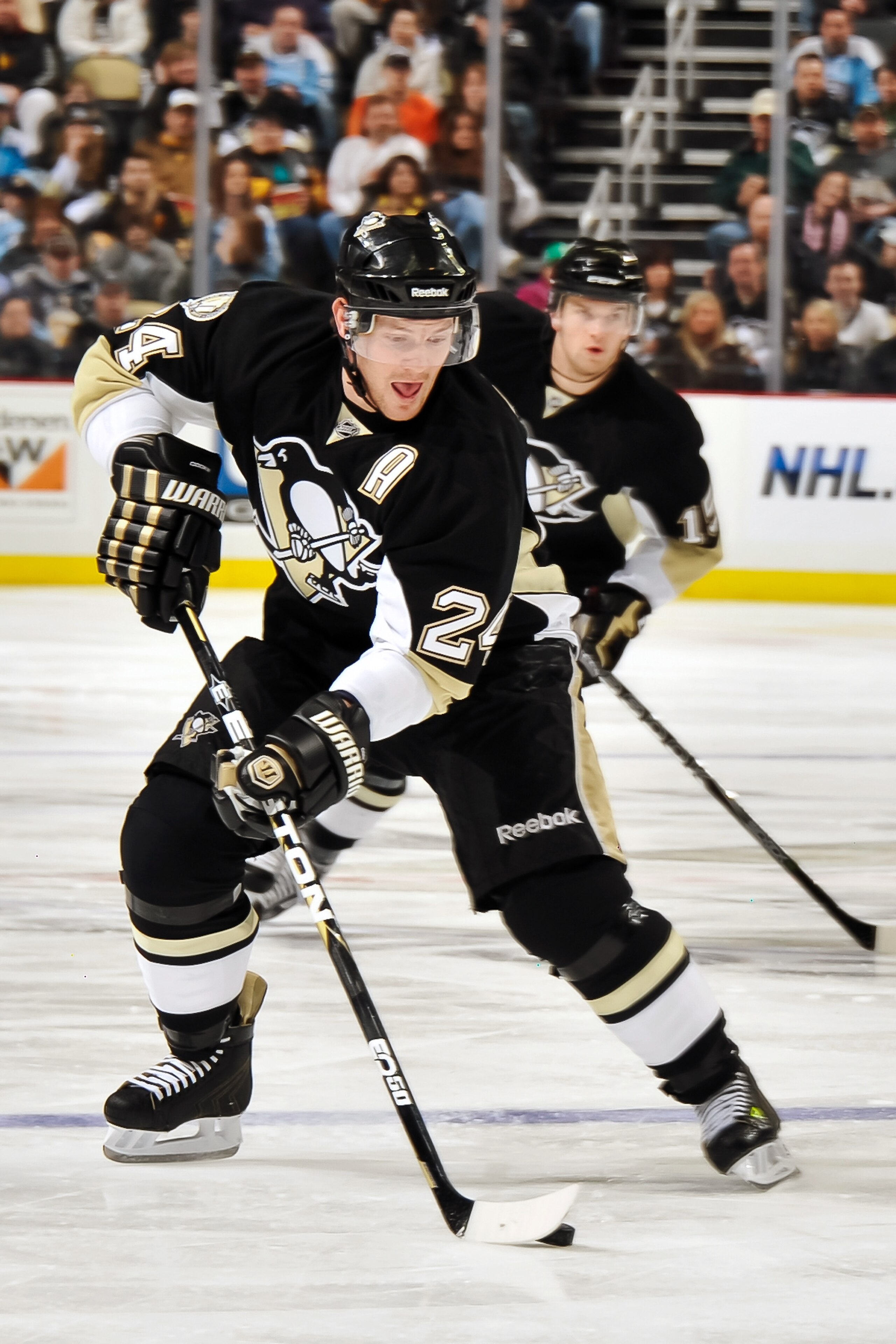 PITTSBURGH, PA - MARCH 13:  Matt Cooke #24 of the Pittsburgh Penguins skates with the puck against the Edmonton Oilers on March 13, 2011 at CONSOL Energy Center in Pittsburgh, Pennsylvania.  (Photo by Jamie Sabau/Getty Images)
