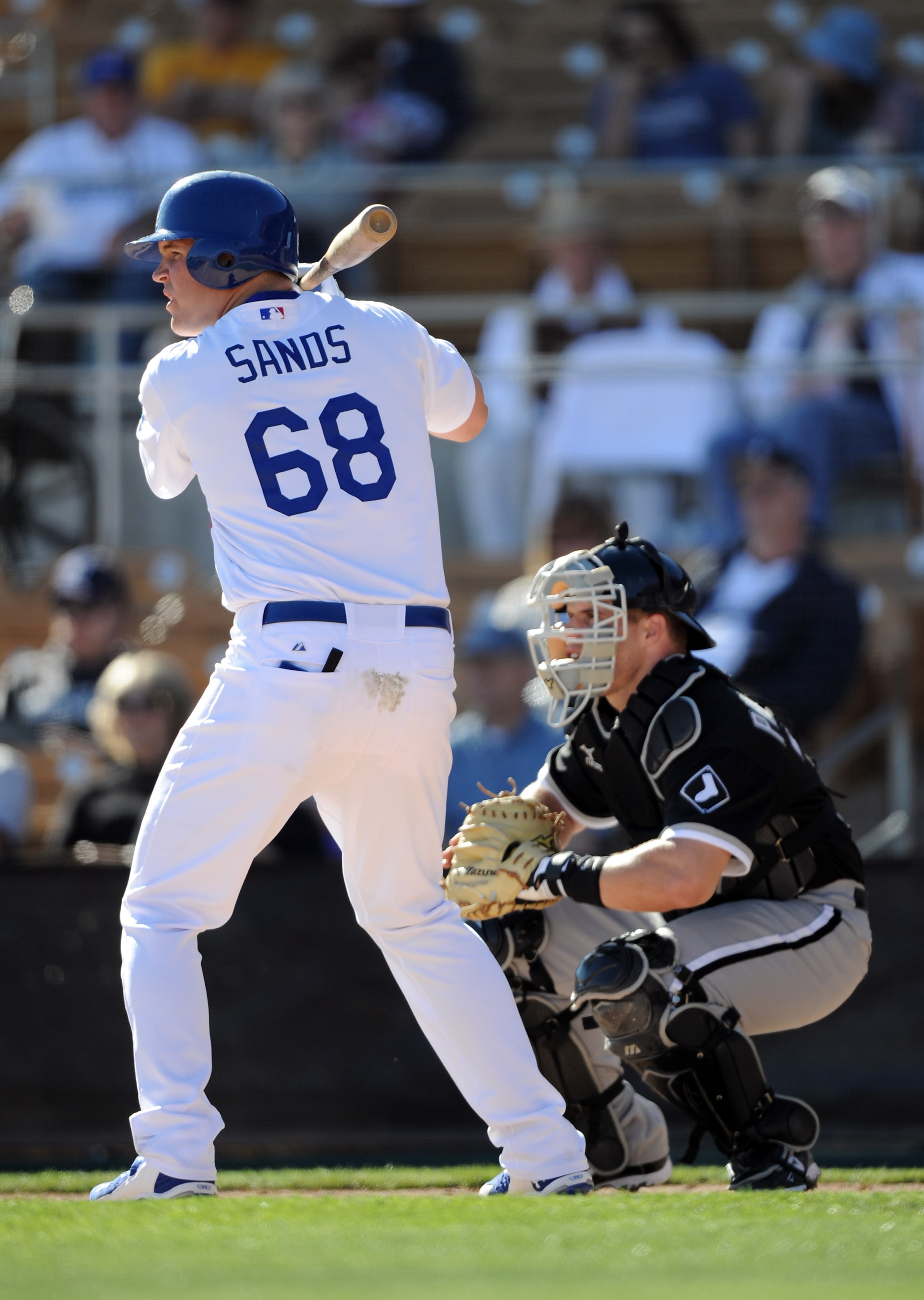 PHOENIX, AZ - FEBRUARY 28:  Jerry Sands #68 of the Los Angeles Dodgers at bat during spring training at Camelback Ranch on February 28, 2011 in Phoenix, Arizona.  (Photo by Harry How/Getty Images)