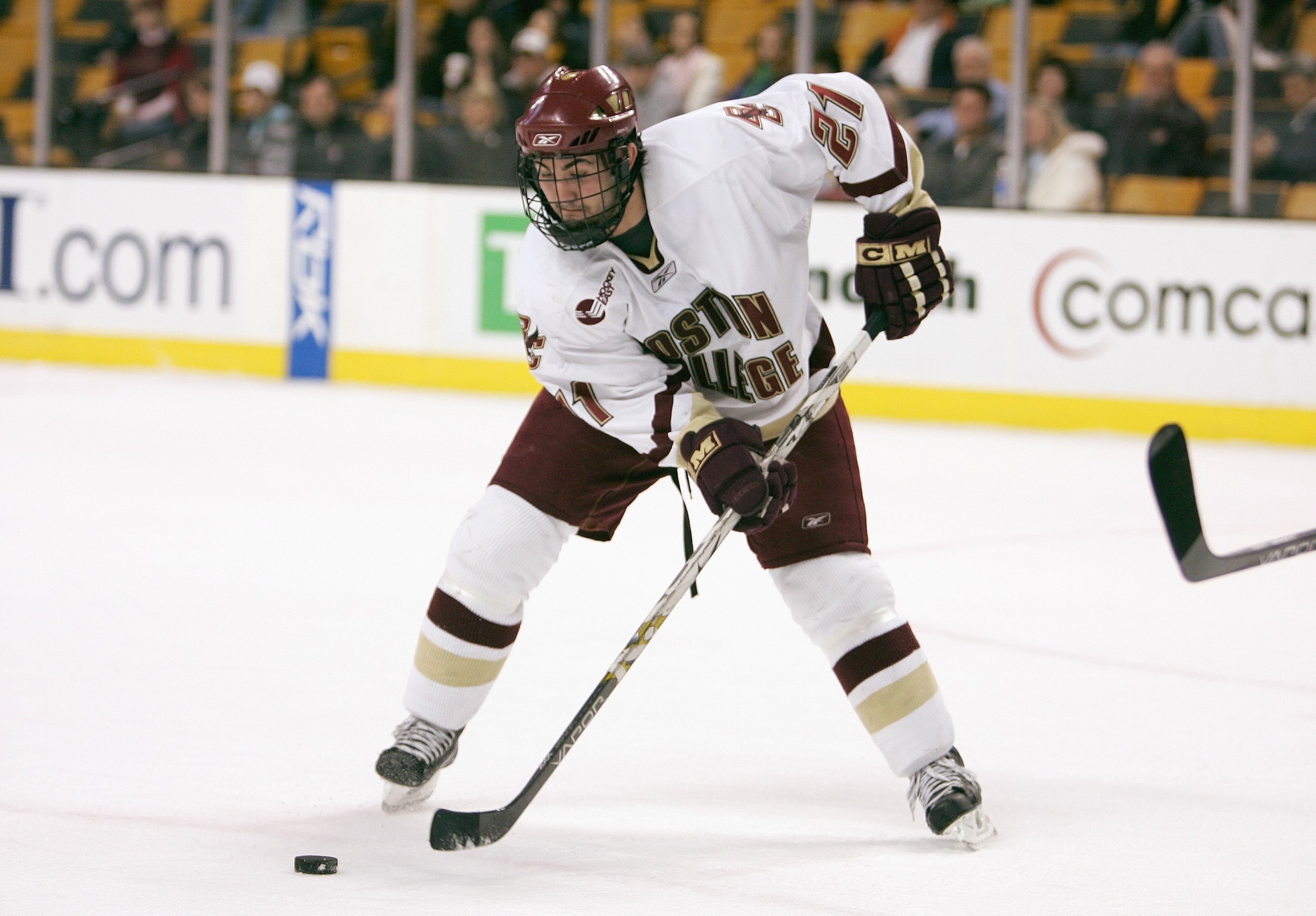 BOSTON - MARCH 16: Benn Ferriero #21 of the Boston College Eagles handles the puck against the Boston University Terriers during the Hockey East Tournament on March 16,2007 at TD Banknorth Garden in Boston, Massachusetts. (Photo by Elsa/Getty Images)